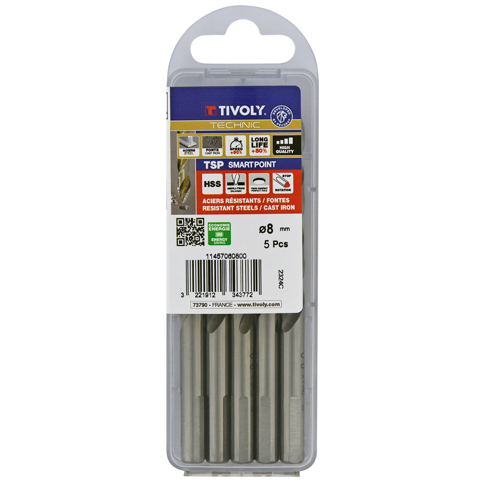 Ø: 8 / L: 117 / Broca para metal HSS PUNTA ESCALONADA | DIN338 | h8 | Afilado Tivoly Smart Point (Caja colgante)