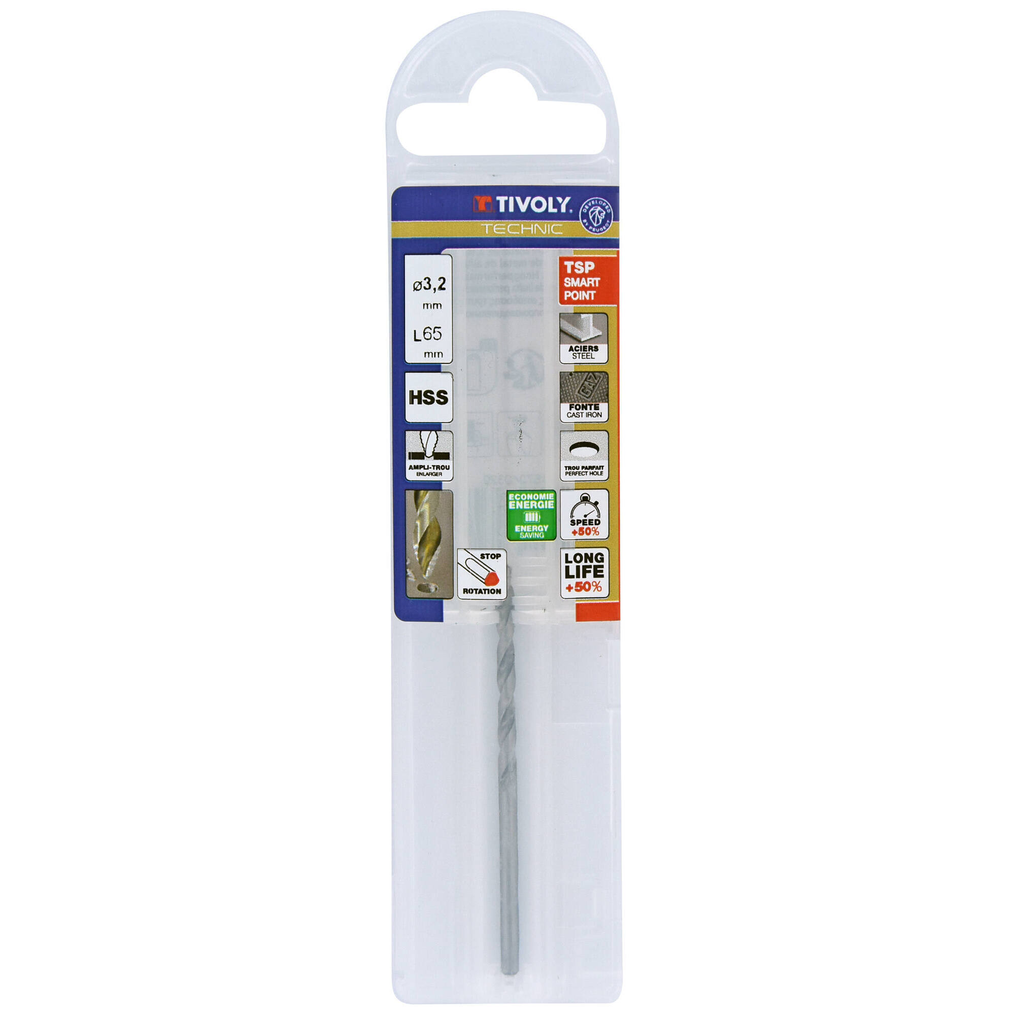 Ø: 3.2 / L: 65 / Broca para metal HSS PUNTA ESCALONADA | DIN338 |h8 | Afilado Tivoly Smart Point (Funda plástico)