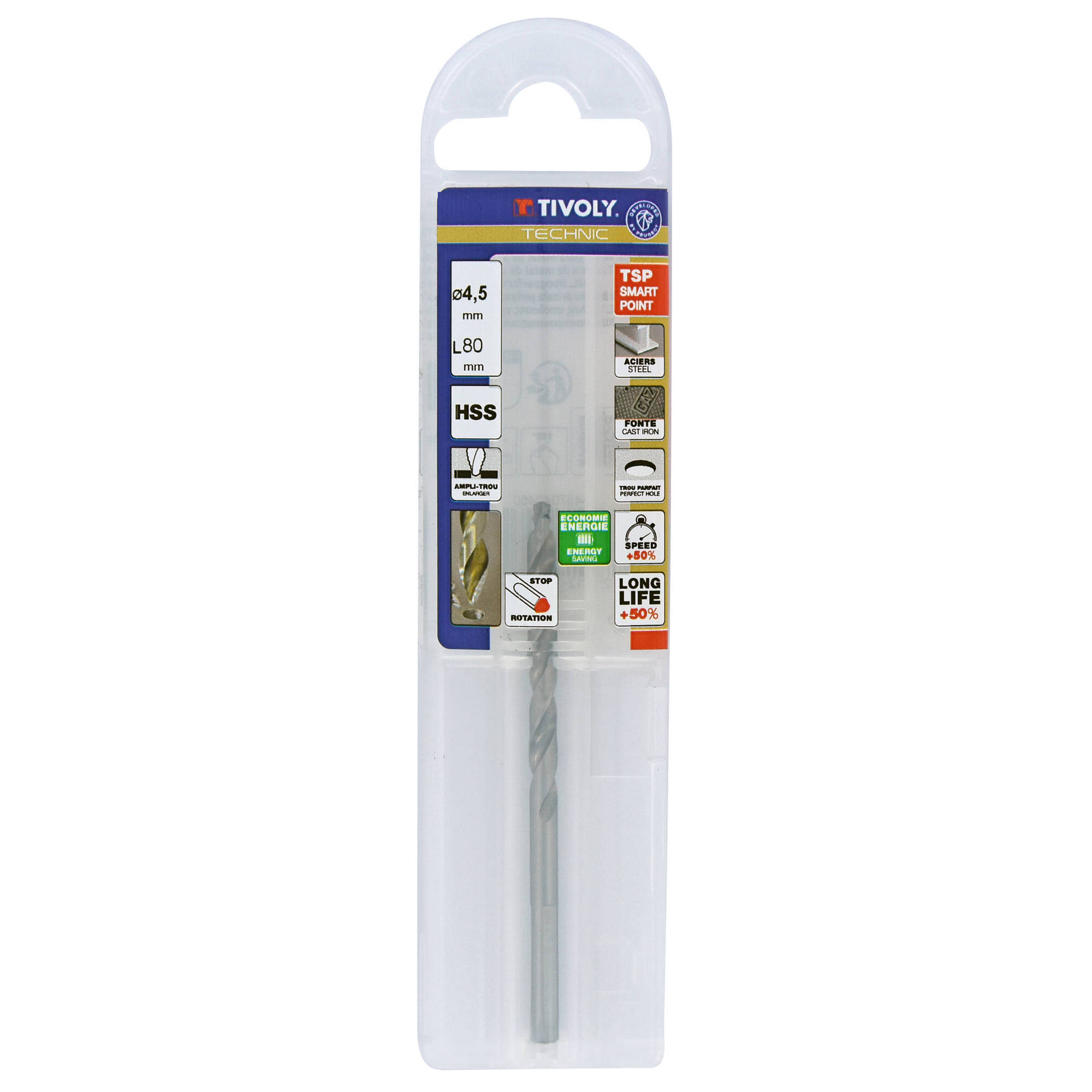 Ø: 4.5 / L: 80 / Broca para metal HSS PUNTA ESCALONADA | DIN338 |h8 | Afilado Tivoly Smart Point (Funda plástico)