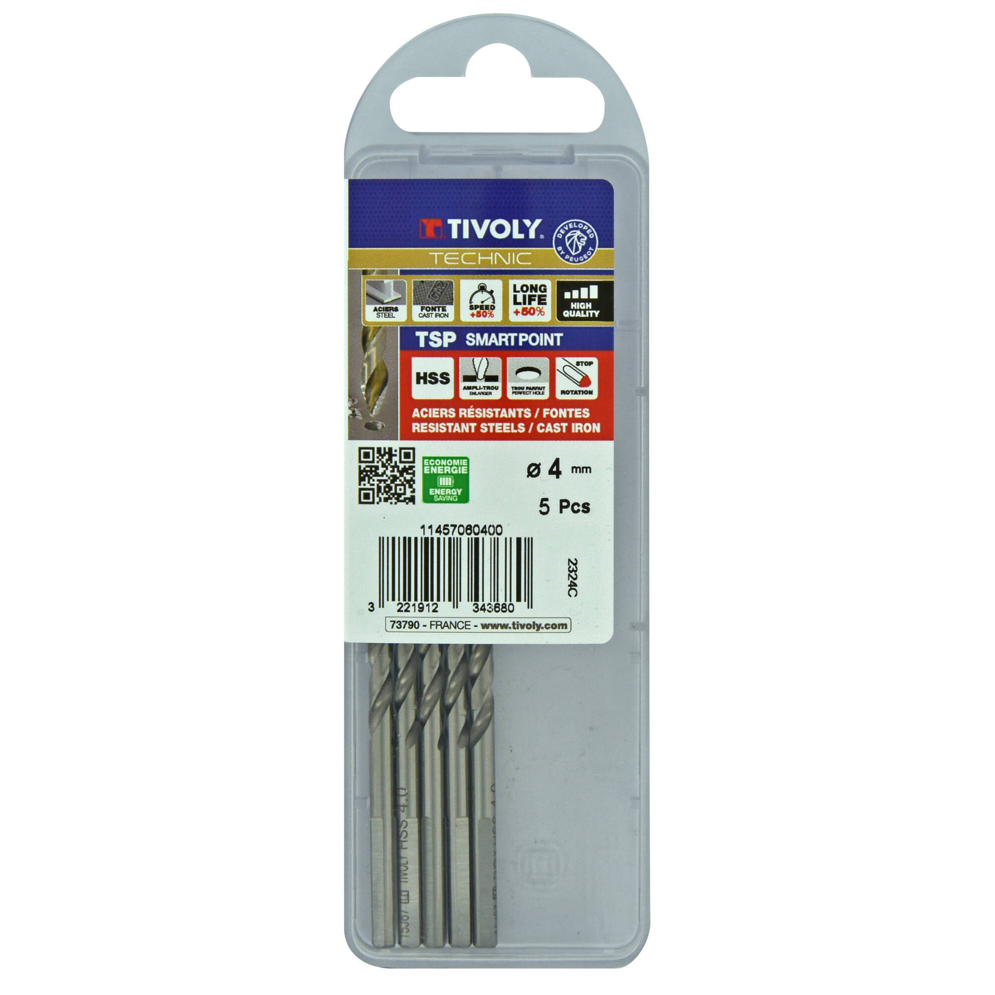 Ø: 4 / L: 75 / Broca para metal HSS PUNTA ESCALONADA | DIN338 | h8 | Afilado Tivoly Smart Point (Caja colgante)