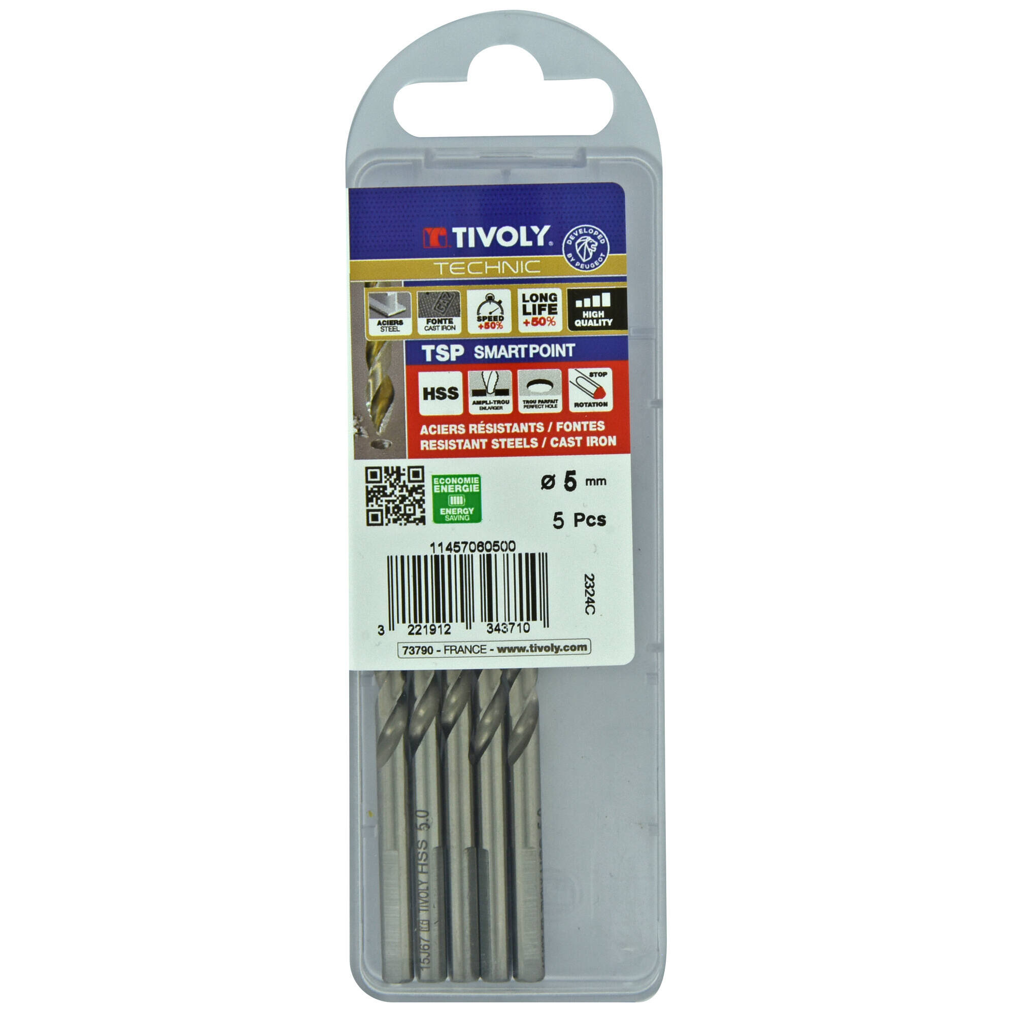 Ø: 5 / L: 86 / Broca para metal HSS PUNTA ESCALONADA | DIN338 | h8 | Afilado Tivoly Smart Point (Caja colgante)