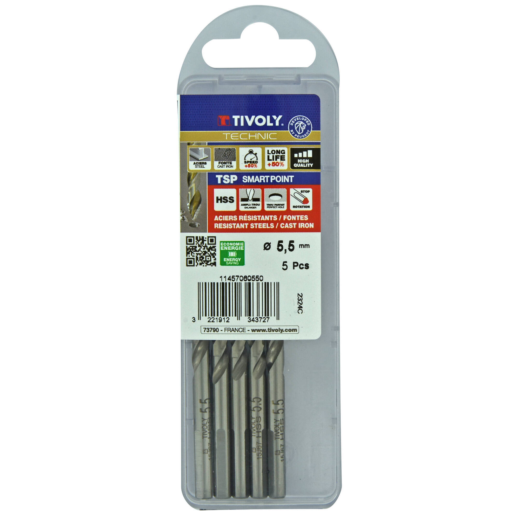 Ø: 5.5 / L: 93 / Broca para metal HSS PUNTA ESCALONADA | DIN338 | h8 | Afilado Tivoly Smart Point (Caja colgante)