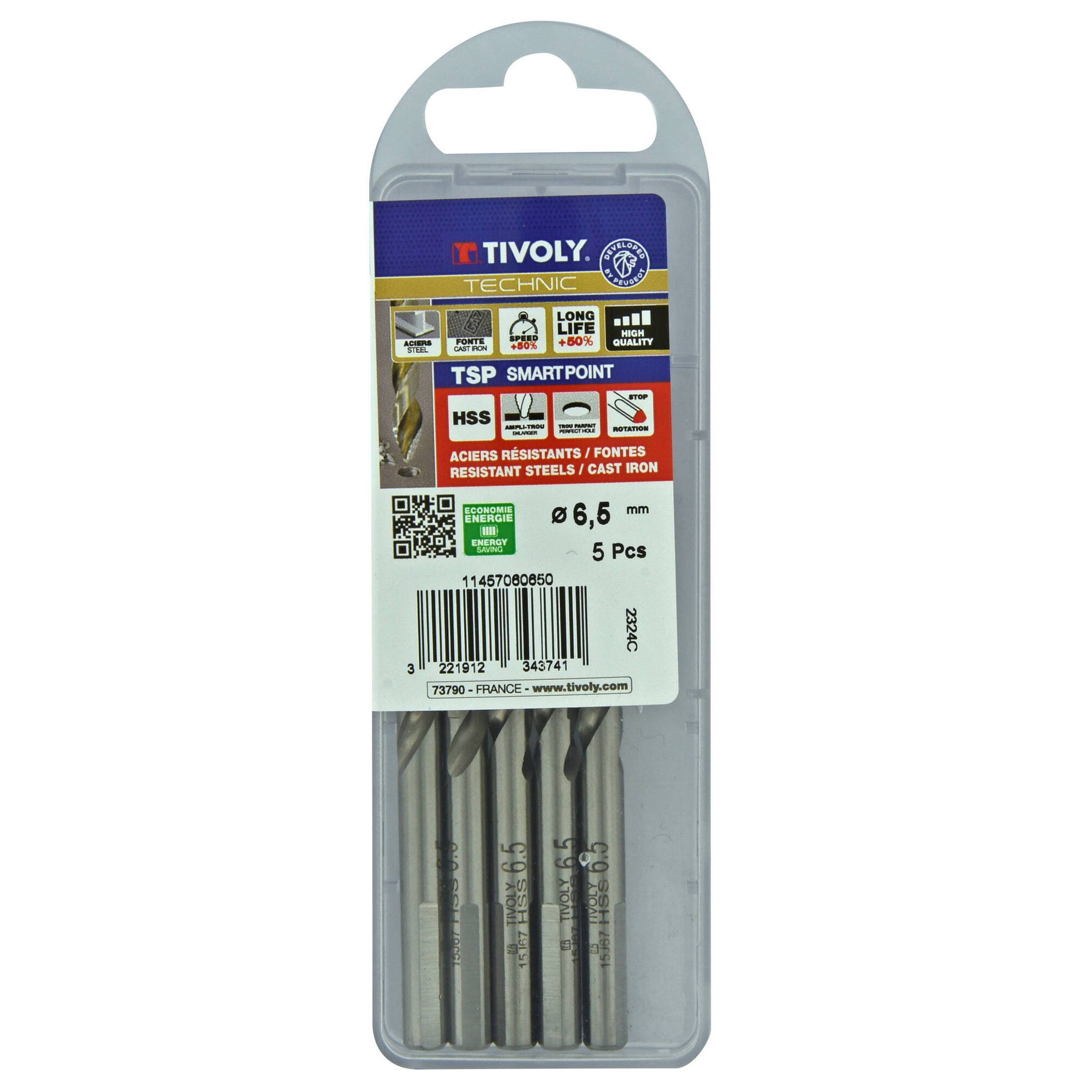 Ø: 6.5 / L: 101 / Broca para metal HSS PUNTA ESCALONADA | DIN338 | h8 | Afilado Tivoly Smart Point (Caja colgante)