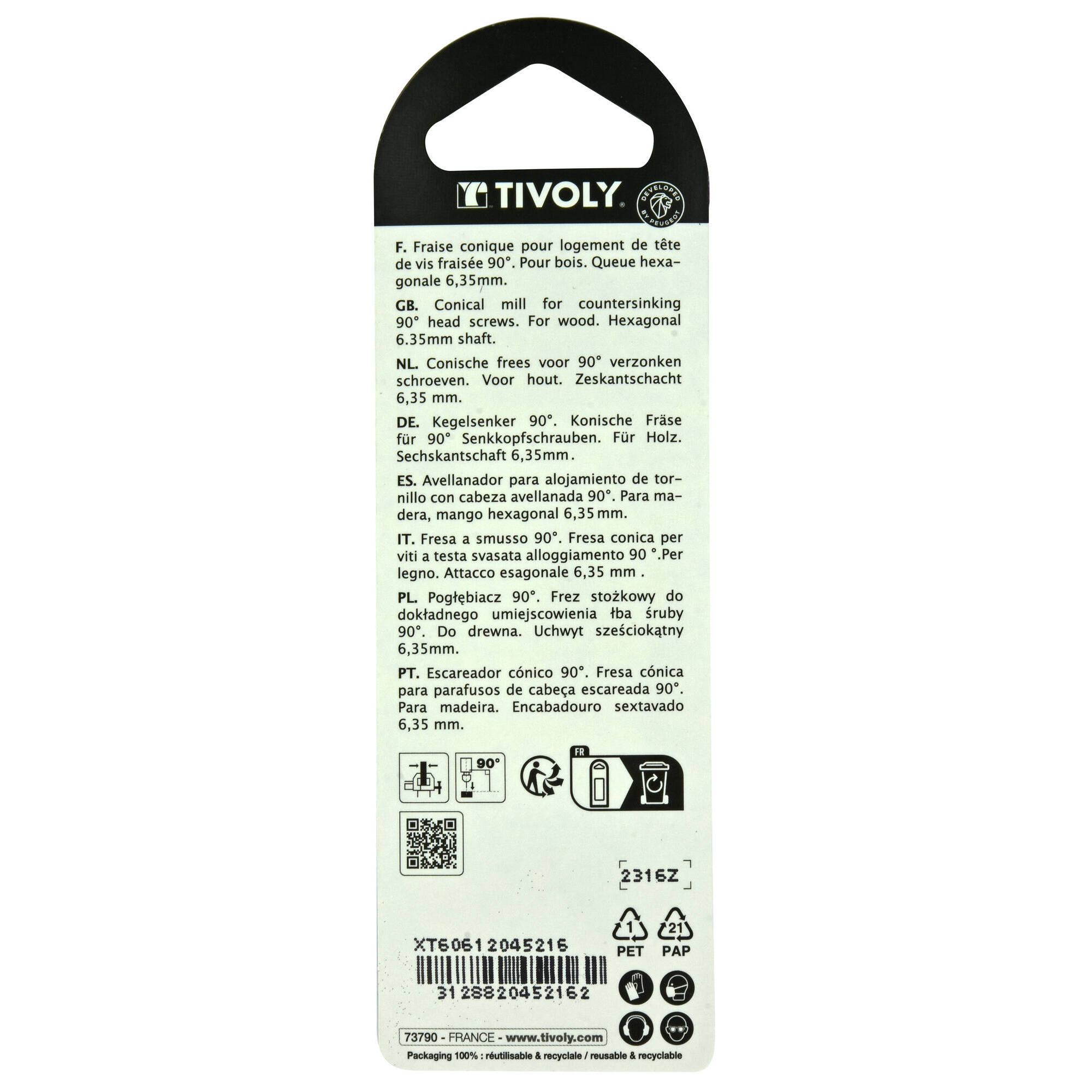 Avellanador al carbono a 90º -Mango hexagonal -Especial madera (Blíster) / Ø: 16 / L: 42