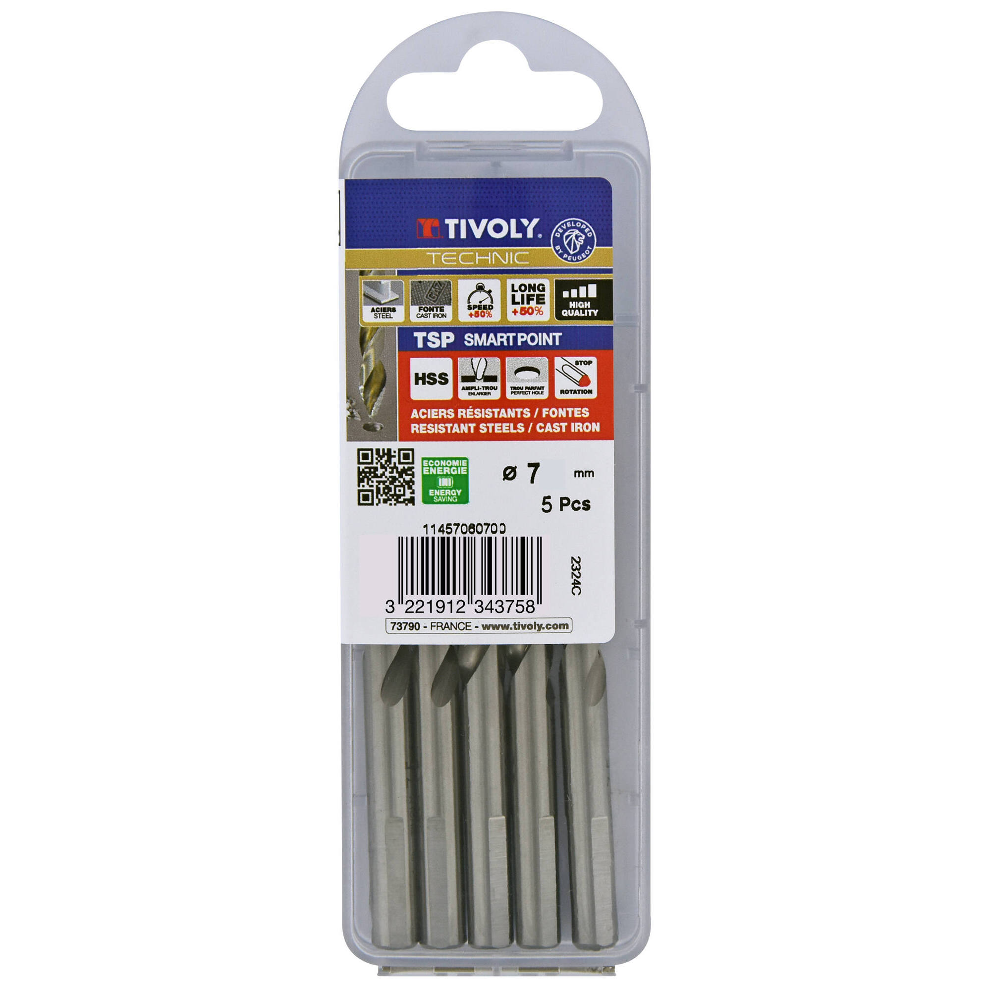 Ø: 7 / L: 109 / Broca para metal HSS PUNTA ESCALONADA | DIN338 | h8 | Afilado Tivoly Smart Point (Caja colgante)