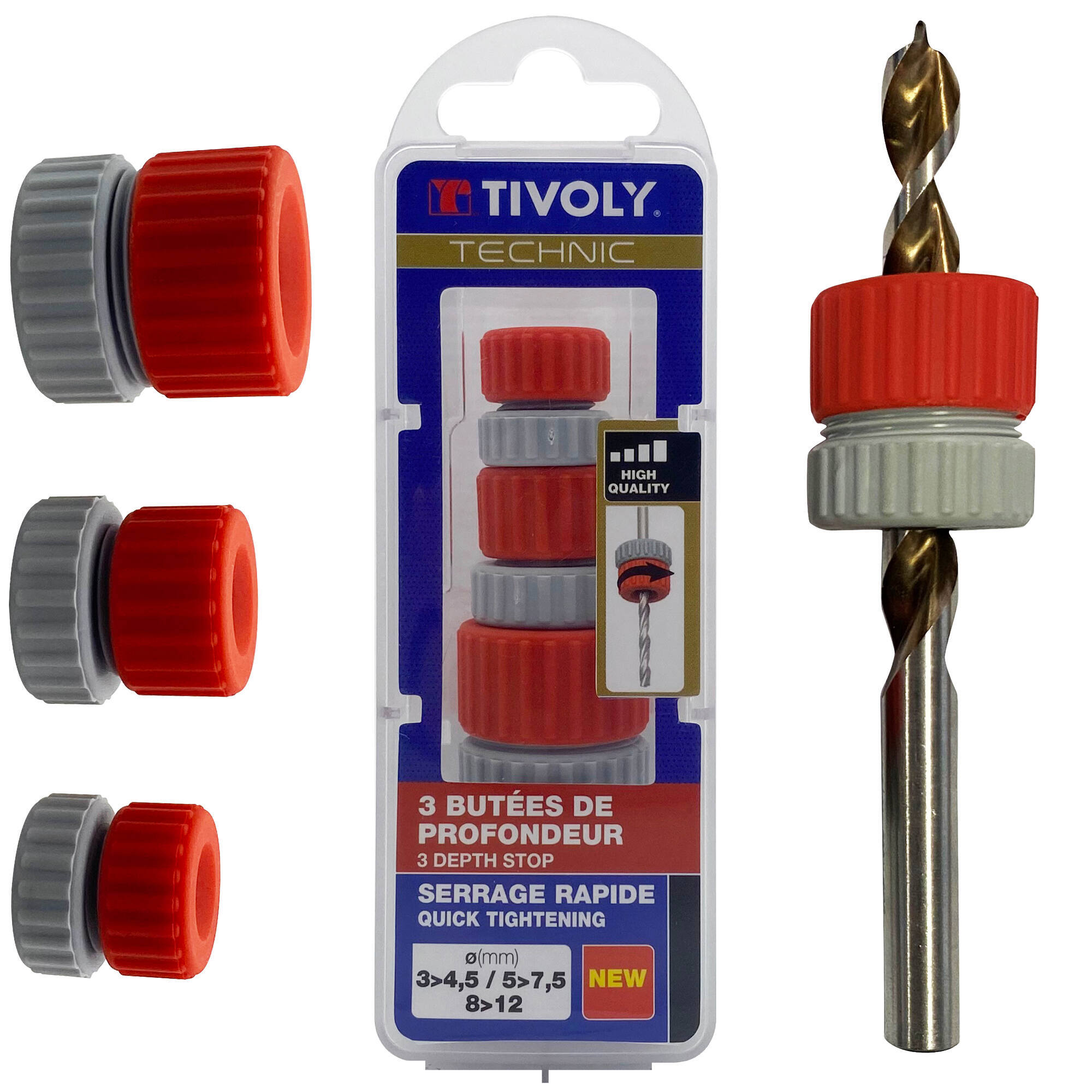 3 topes de profundidad regulables para brocas Ø3-4,5/5-7,5/8-12 mm