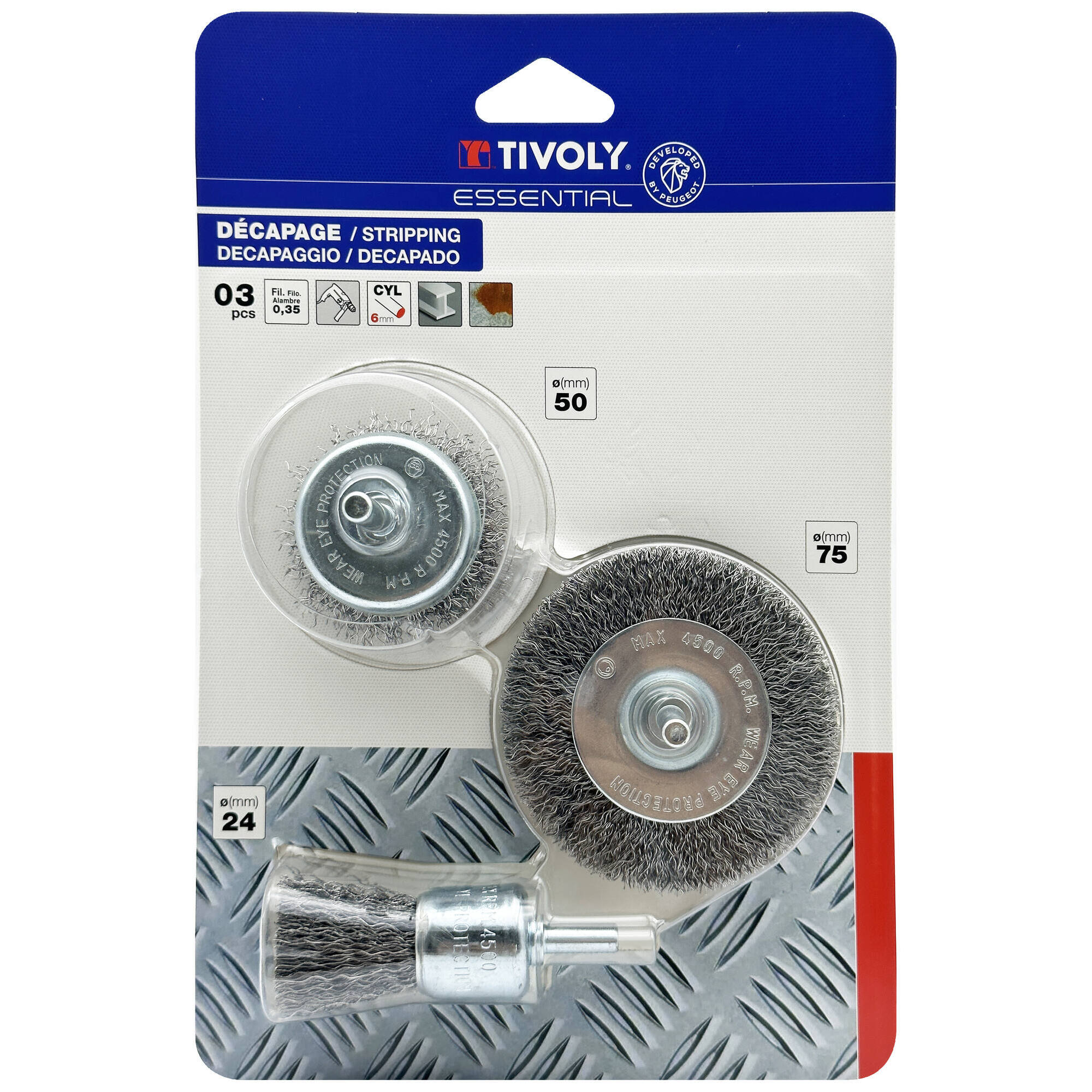 XT20252580206 - 3 piezas: cepillos de acero para metal Ø 24 - 50 - 75 mm