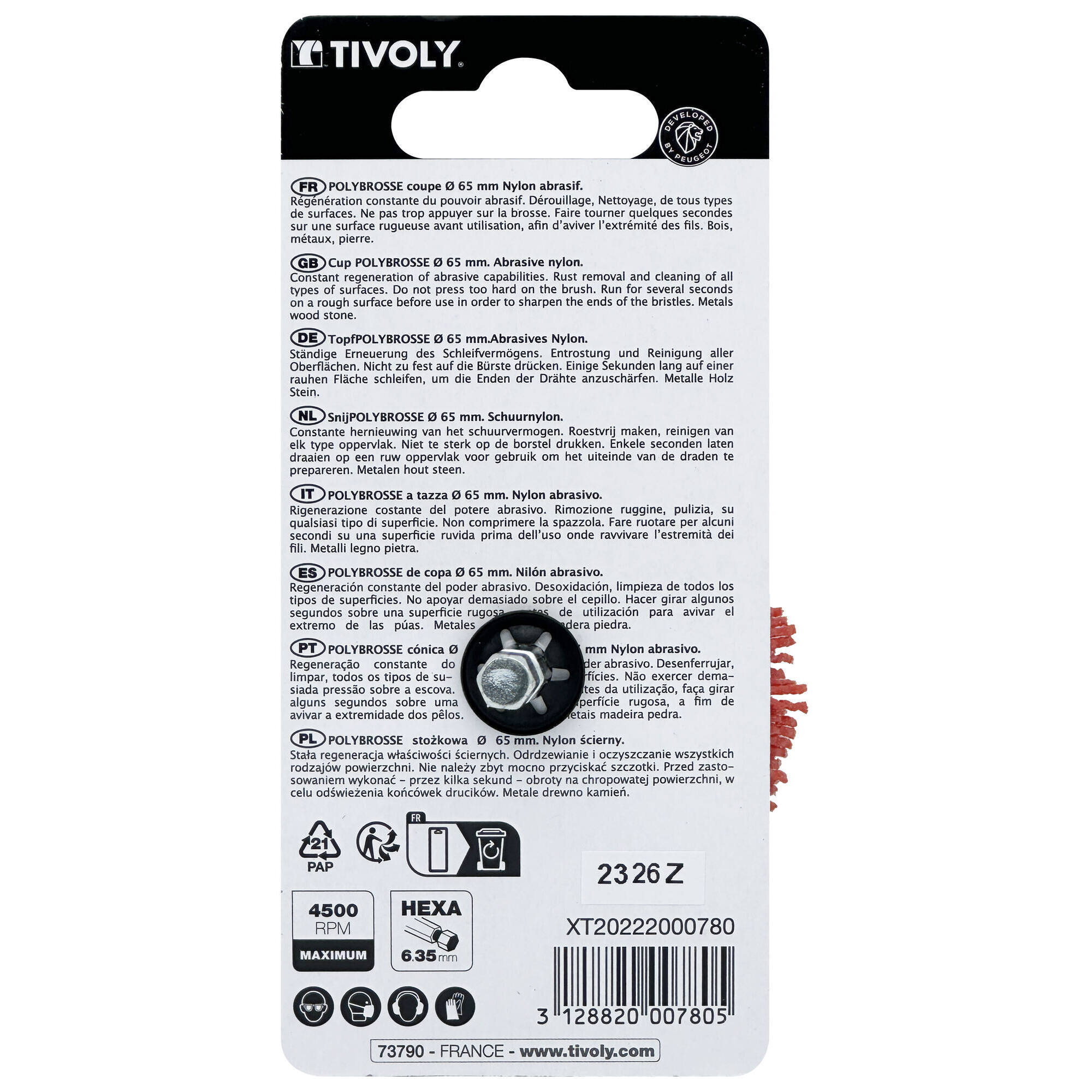 Cepillo COPA -Hilo de nailon rojo -Decapado de madera (Cartoncillo colgante) / Ø: 65 /
