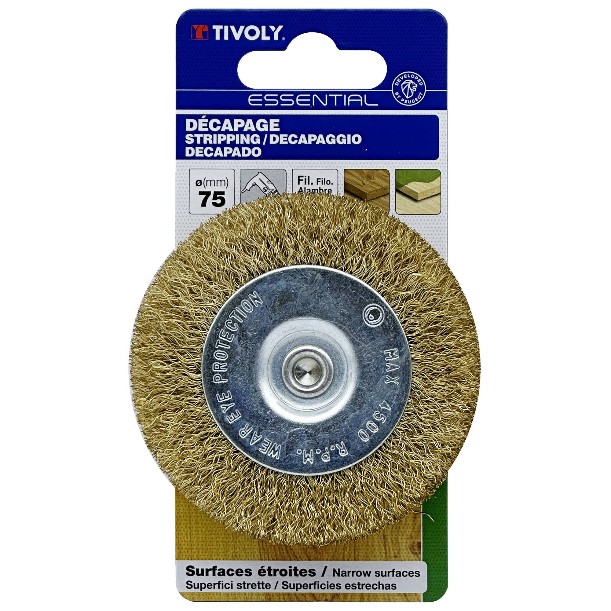 Cepillo CIRCULAR -Alambre de acero latonado ondulado -Decapado de madera y latón (Cartoncillo colgante) / Ø: 75 / 0.20