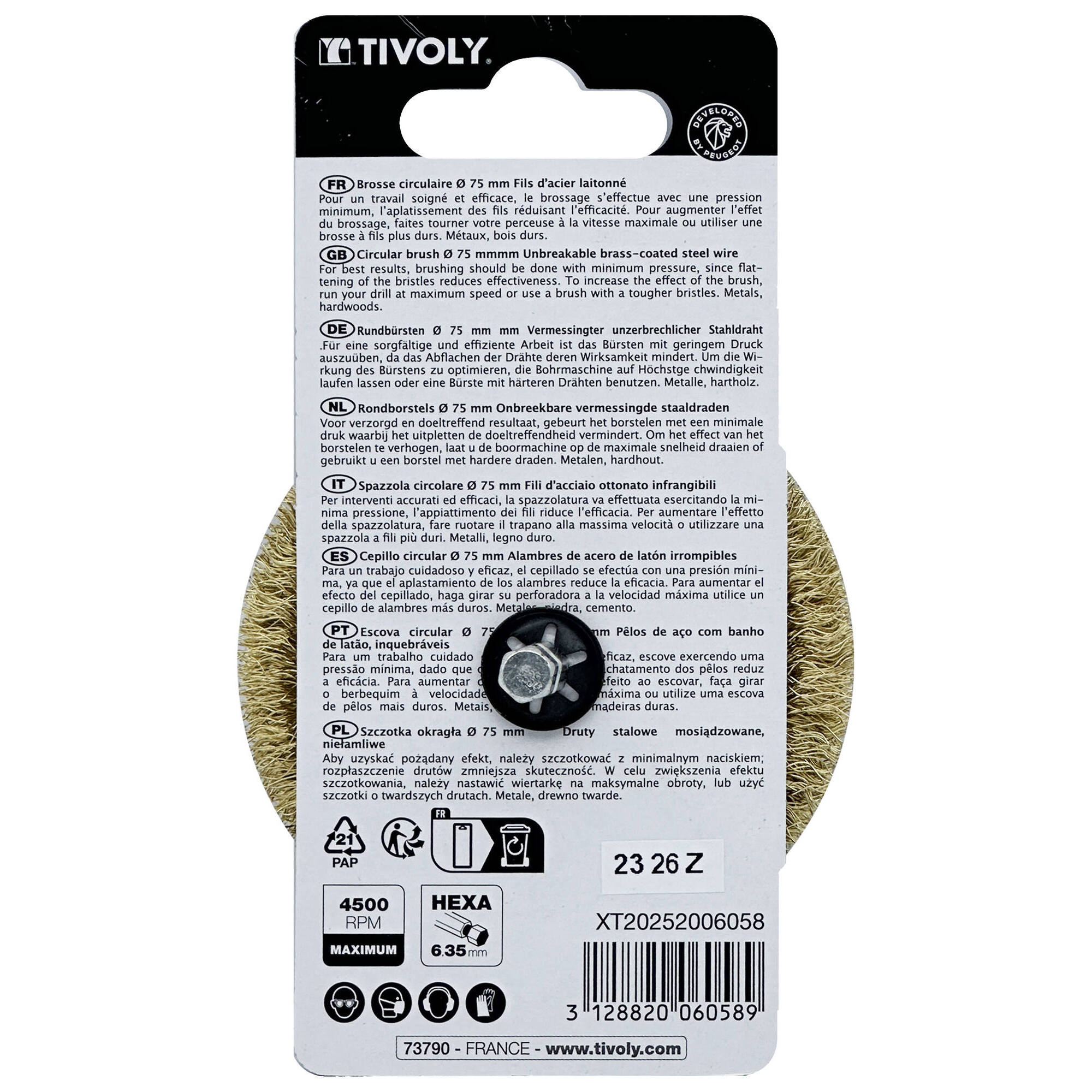 Cepillo CIRCULAR -Alambre de acero latonado ondulado -Decapado de madera y latón (Cartoncillo colgante) / Ø: 75 / 0.20