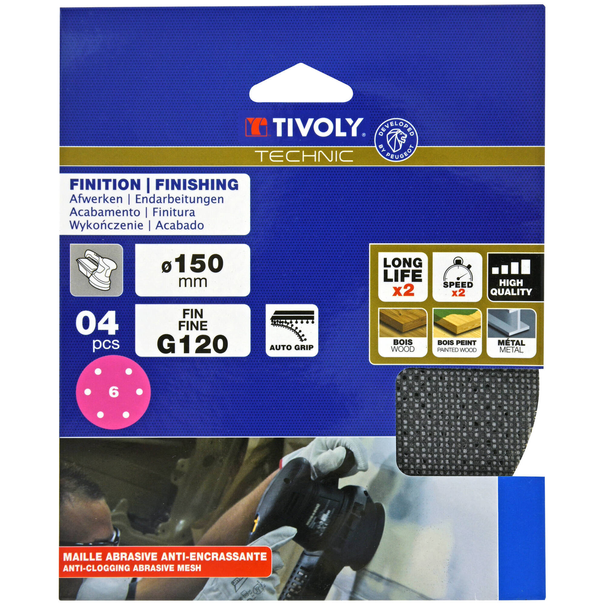 Disco MALLA -AUTOADHESIVO -Ø150 mm - Para lijadora excéntrica (Funda cartón) / Dim Ø150 / Gr : 120