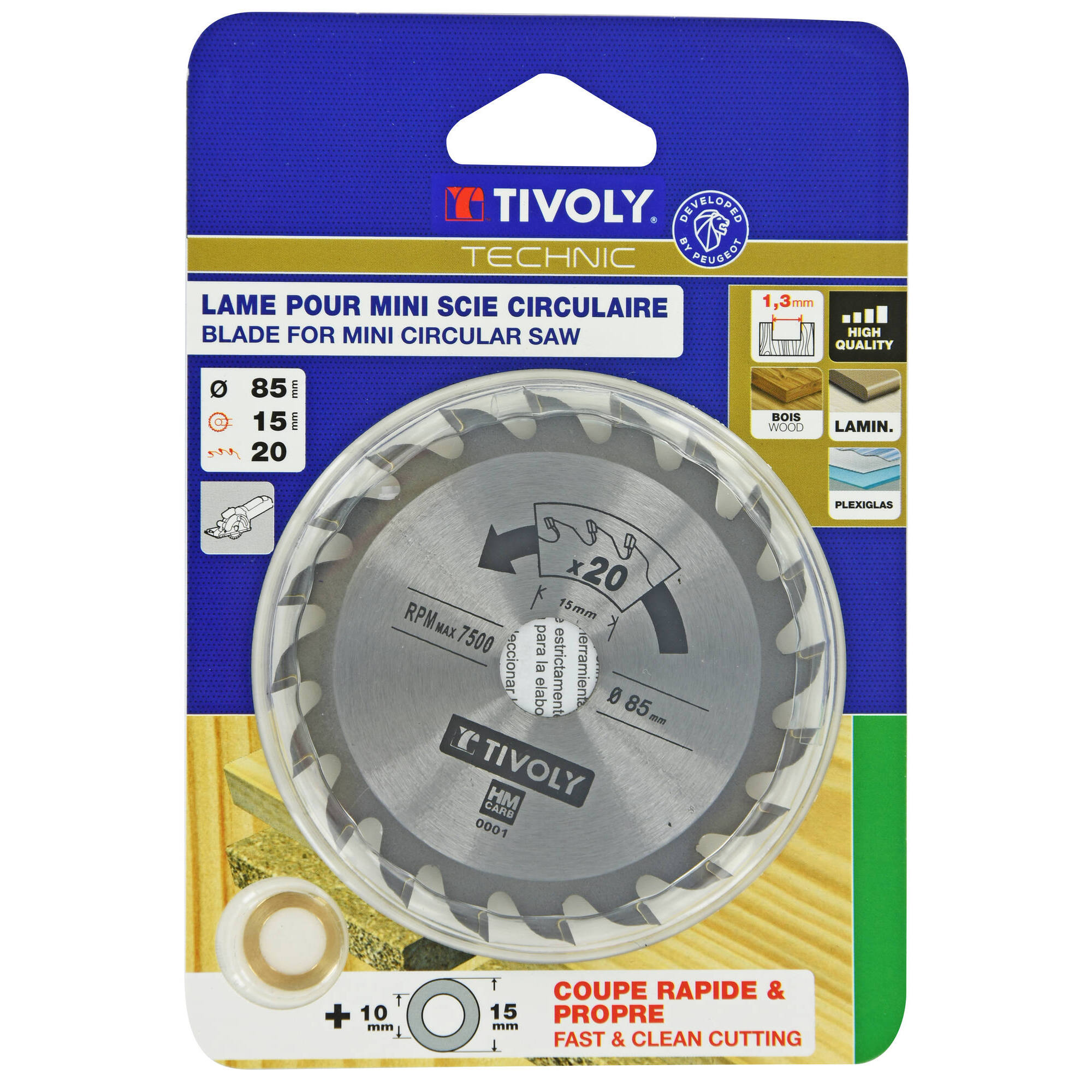 Ø: 85 x Ø2: 15 x Z: 20 / Mini hoja de sierra circular - Rápida y delgada - Para madera, melamina, plástico. (Blíster)