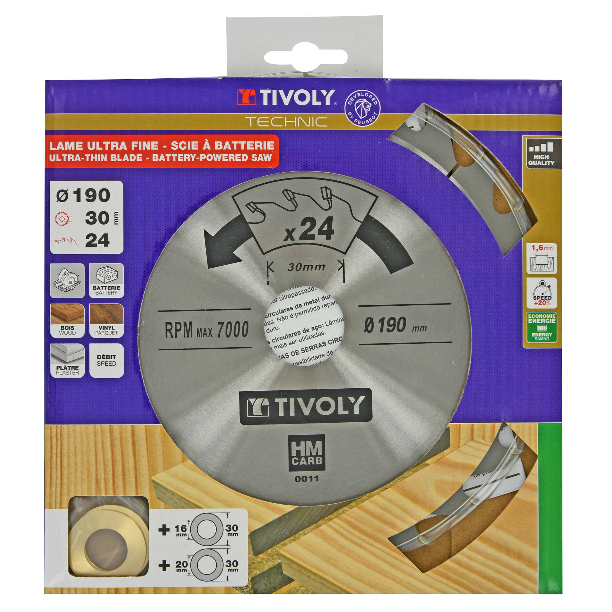 Ø: 190 x Ø2: 30 x Z: 24 / Hoja de sierra circular ultrafina - Caudal - Para madera, yeso, plástico. (Funda cartón)