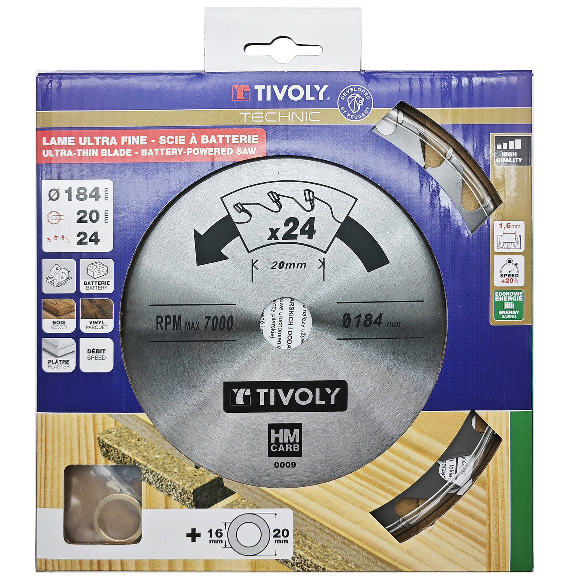 Ø: 184 x Ø2: 20 x Z: 24 / Hoja de sierra circular ultrafina - Caudal - Para madera, yeso, plástico. (Funda cartón)