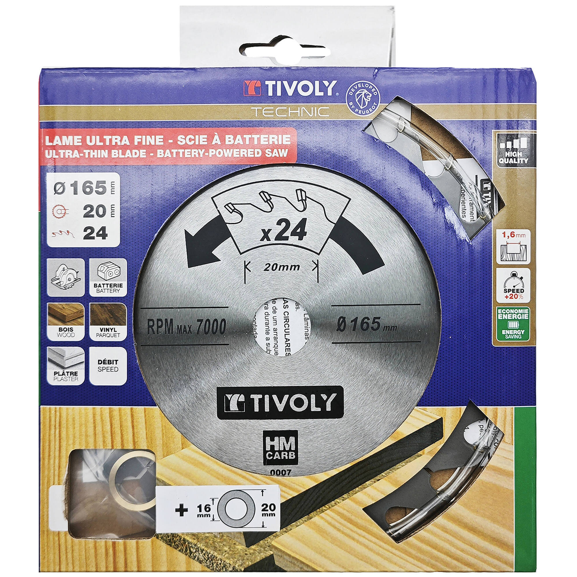 Ø: 165 x Ø2: 20 x Z: 24 / Hoja de sierra circular ultrafina - Caudal - Para madera, yeso, plástico. (Funda cartón)