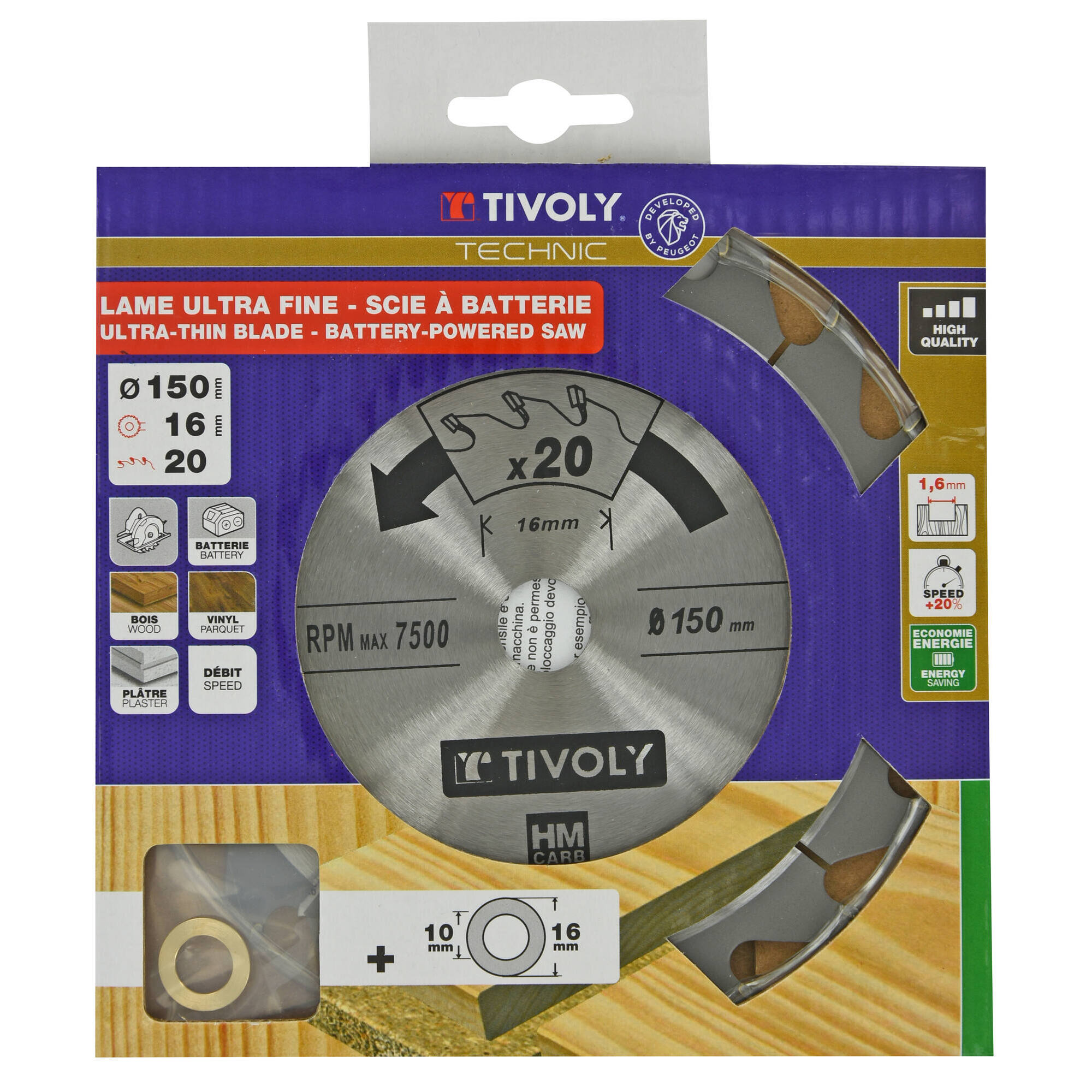 Ø: 150 x Ø2: 16 x Z: 20 / Hoja de sierra circular ultrafina - Caudal - Para madera, yeso, plástico. (Funda cartón)