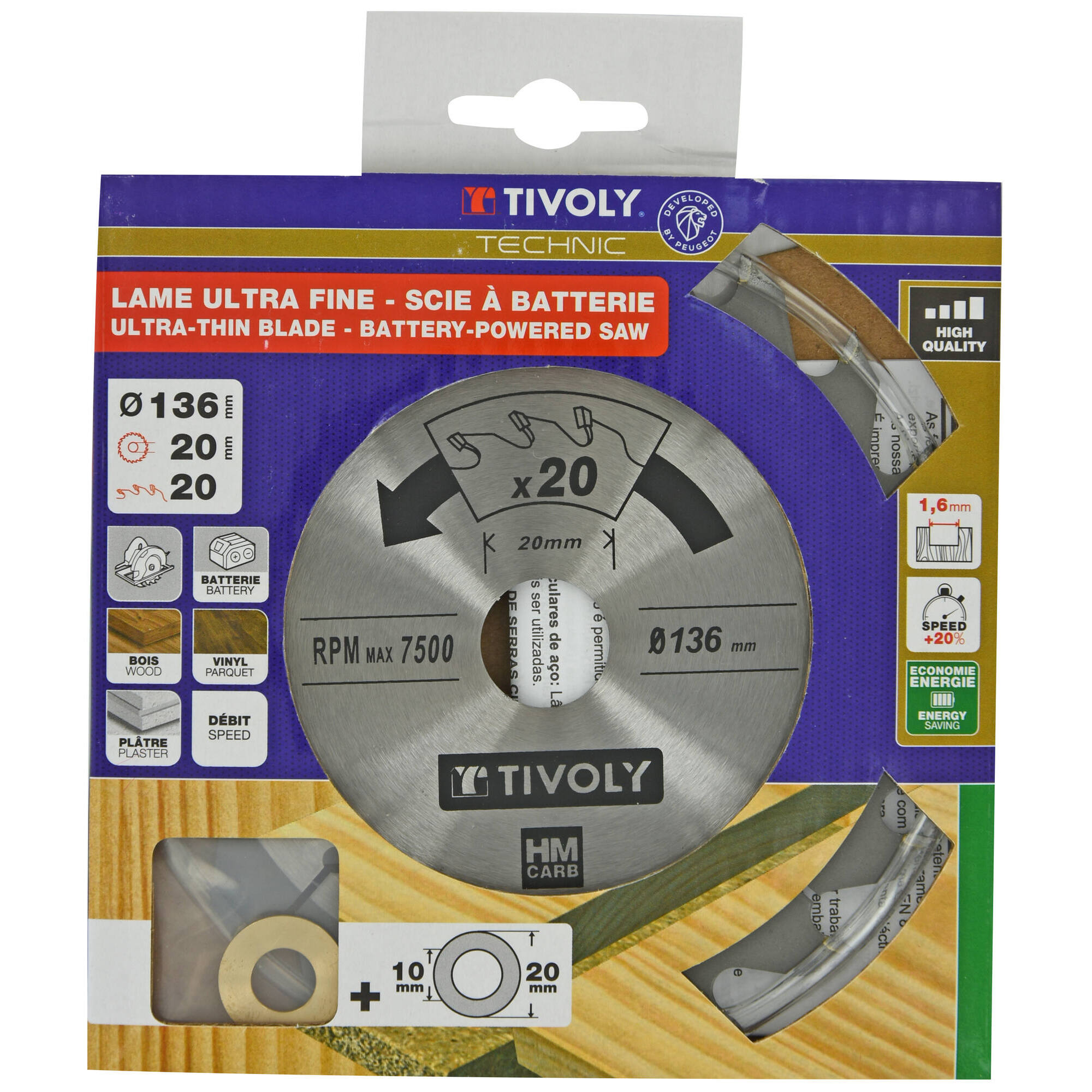 Ø: 136 x Ø2: 20 x Z: 20 / Hoja de sierra circular ultrafina - Caudal - Para madera, yeso, plástico. (Funda cartón)