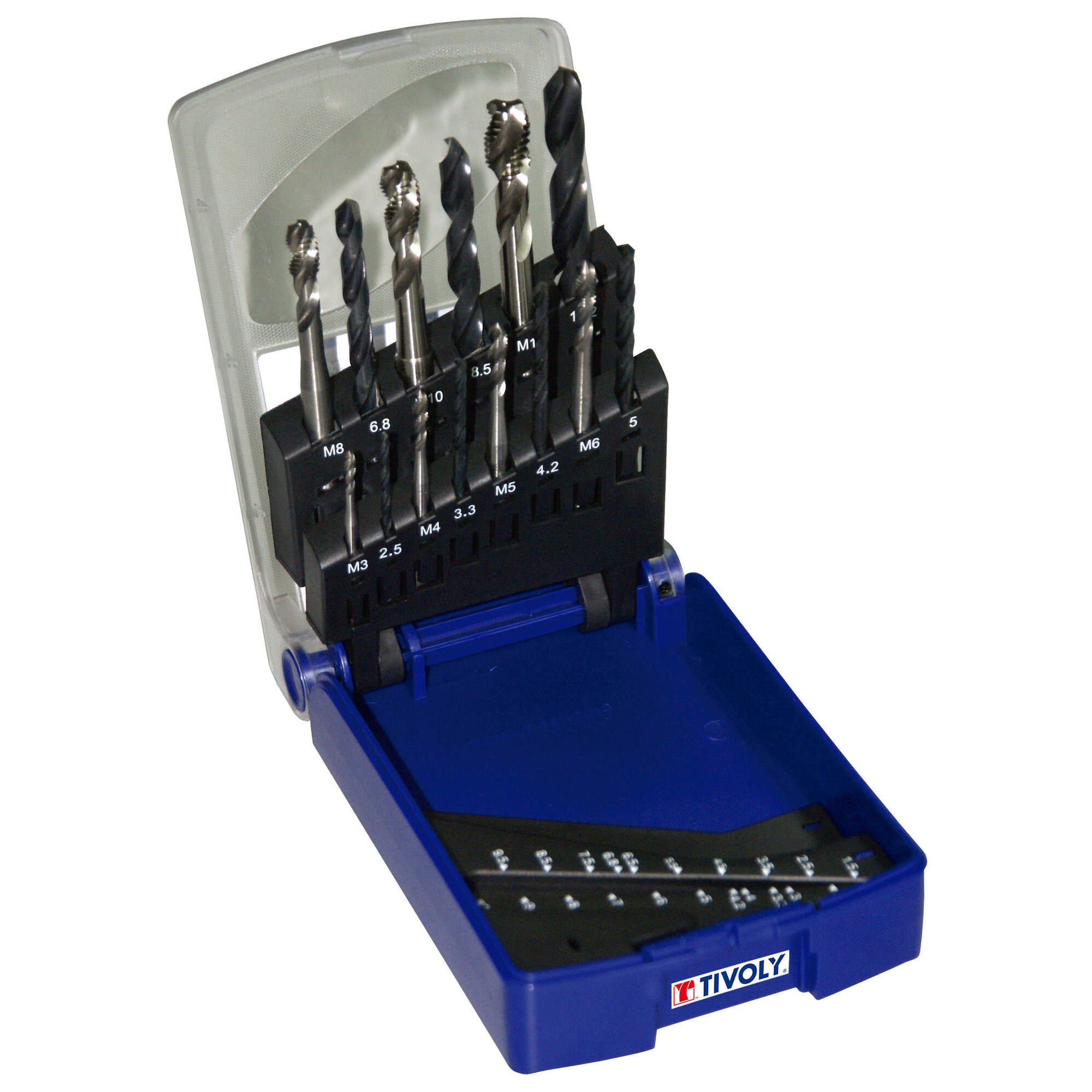 1602557 - ESTUCHE MACHOS BRILLANTES + BROCAS PREVIAS DIN 338 HSS. Agujero ciego M3 A M12