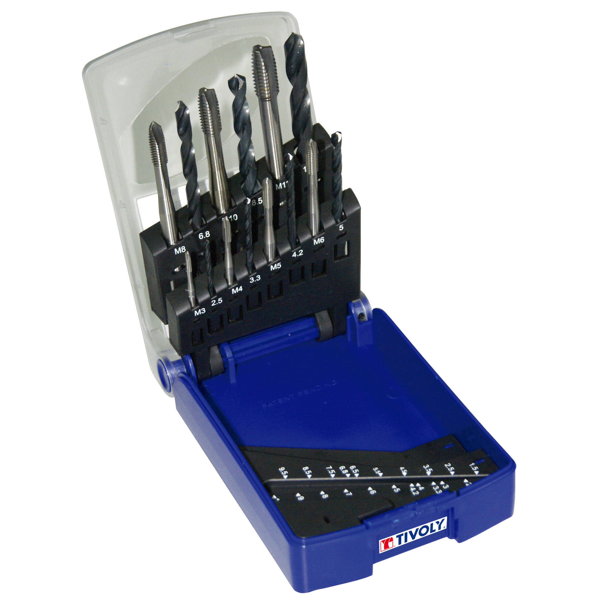 1602527 - ESTUCHE MACHOS BRILLANTES + BROCAS PREVIAS DIN 338 HSS. Agujero pasante M3 A M12