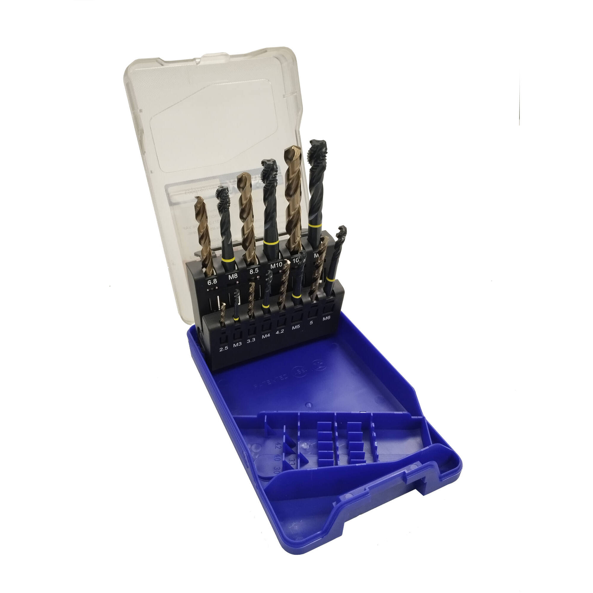 9602057 - ESTUCHE MACHOS MULTIAPLICACIÓN + BROCAS PREVIAS DIN 338 HSSCO. Agujero ciego M3 A M12