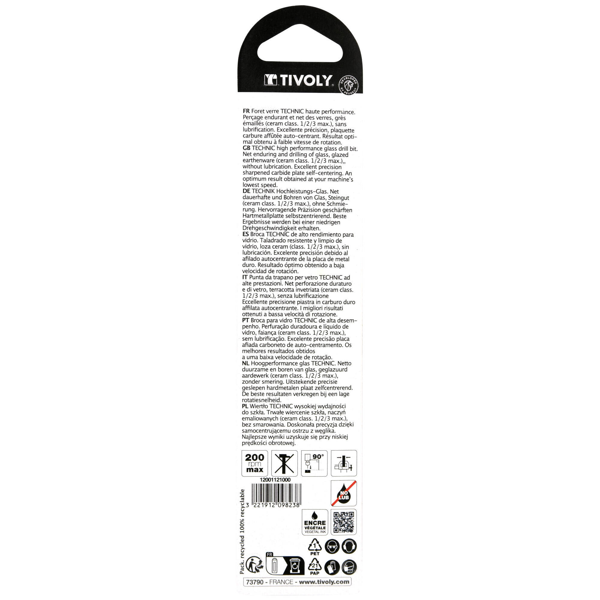 Ø: 10 / Broca para vidrio -Placa de Metal Duro HQ -Mango hexagonal reforzado (Blíster) / L: 120