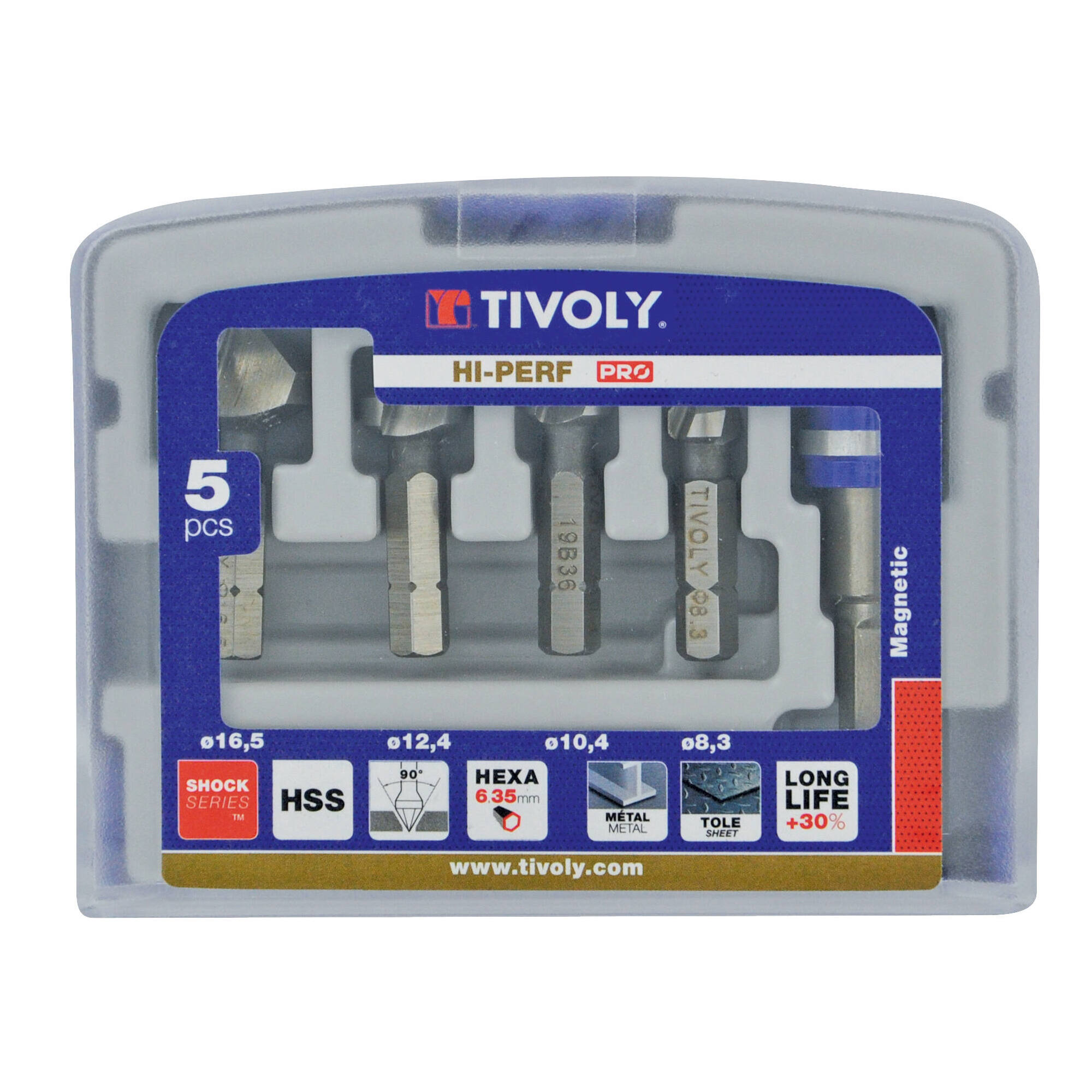 10332370002 - 5 piezas - 4 avellanadores HSS mango hexagonal a 90° Ø 8,3 a 16,5 mm + 1 portapuntas