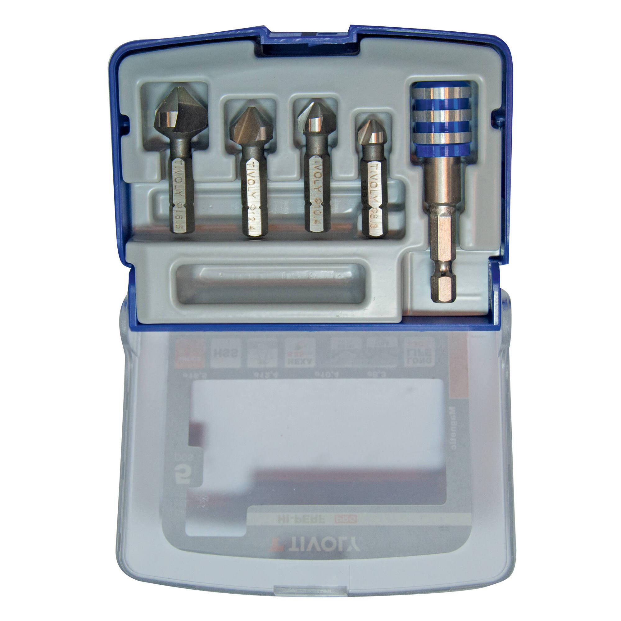 5 piezas - 4 avellanadores HSS mango hexagonal a 90° Ø 8,3 a 16,5 mm + 1 portapuntas