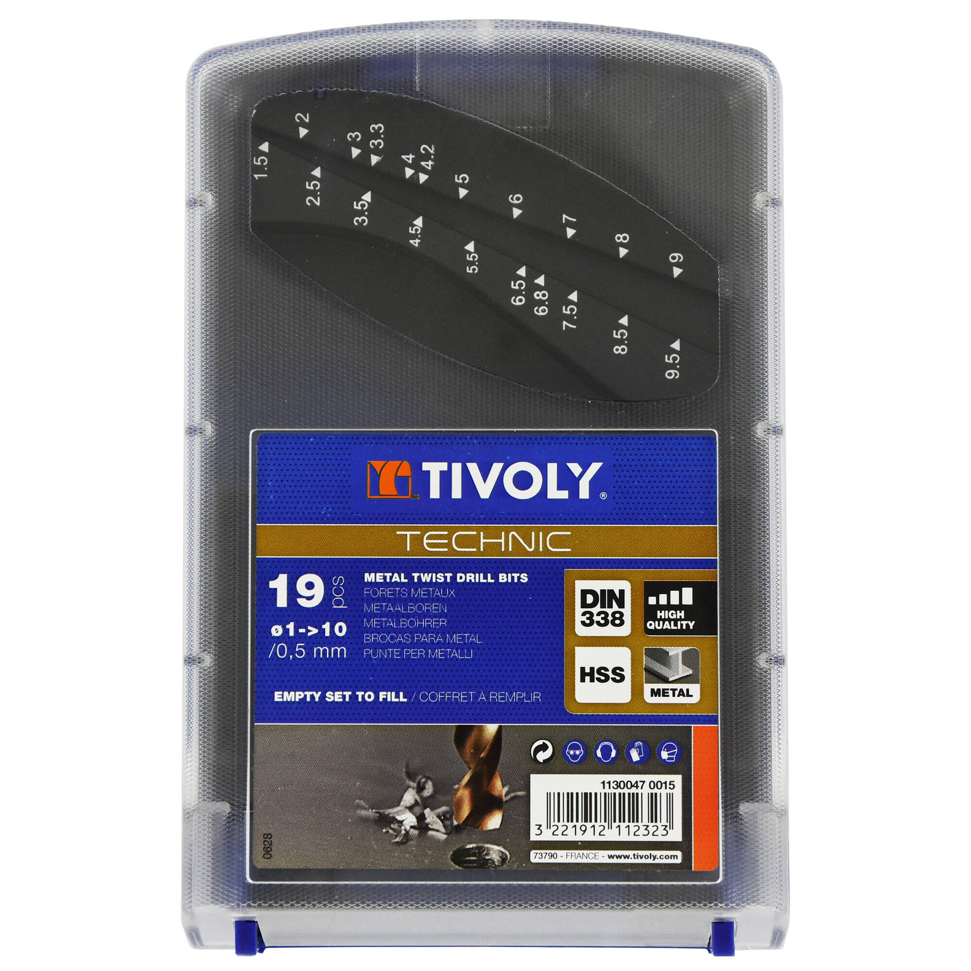 1 estuche vacío de 19 brocas para metal Ø 1 a 10 mm por 1/2