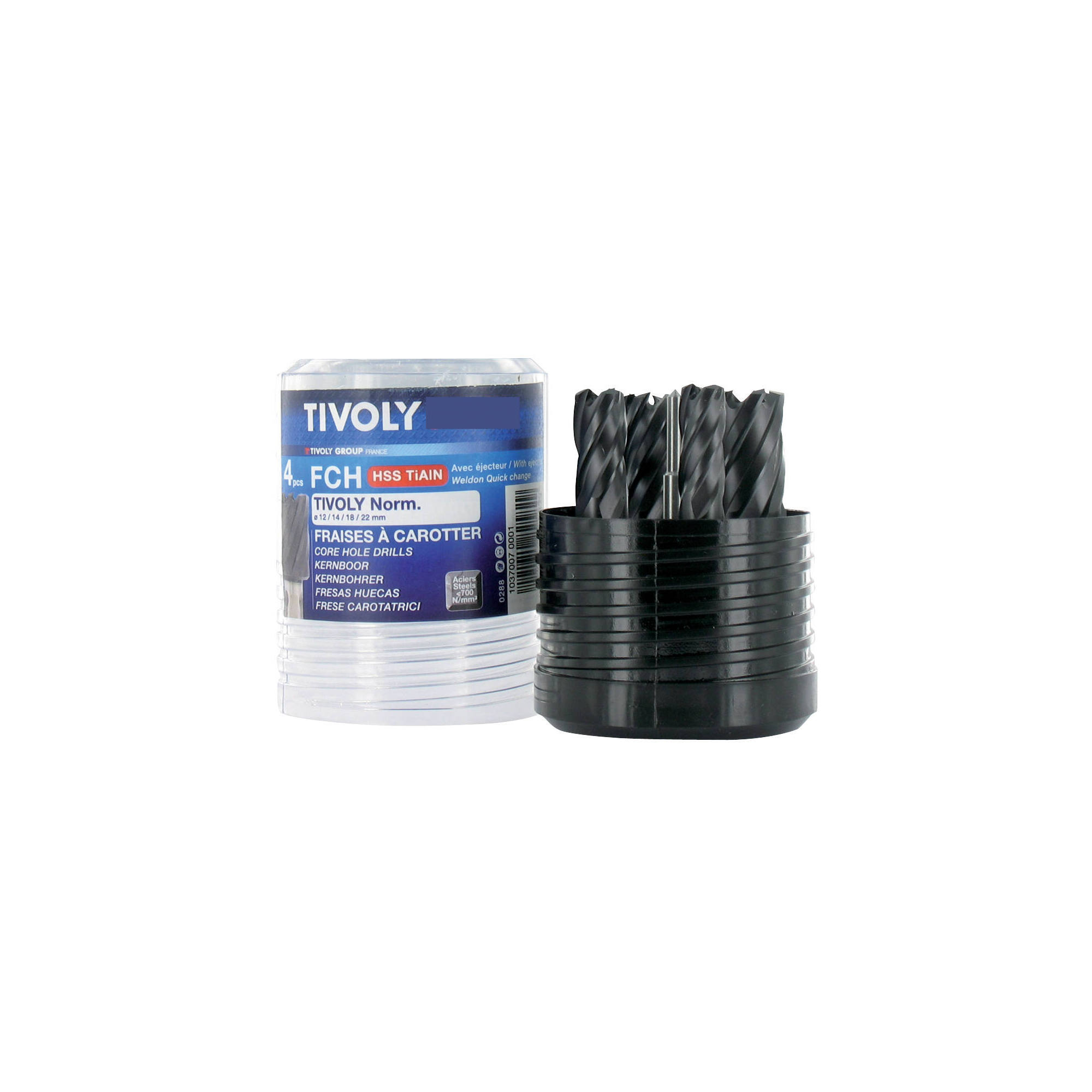 10370070001 - 5 piezas -4 fresas huecas HSS con recubrimiento TiALN Ø 12 a 22 mm + 1 expulsor TECHNIC