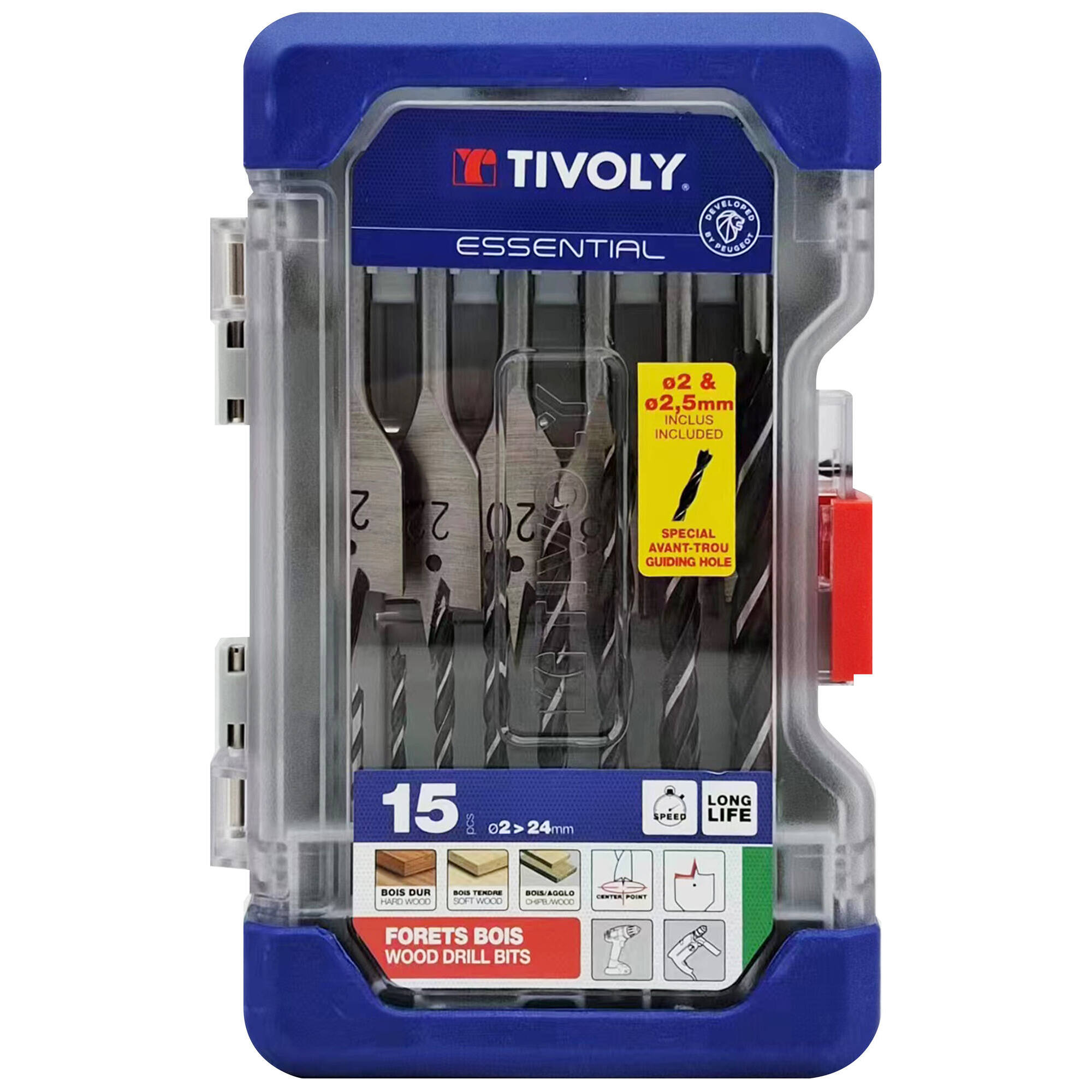 10802470001 - 15 piezas -9 brocas de madera 3 puntas Ø 2 a 10 mm + 6 brocas de madera planas Ø 14 a 24 mm