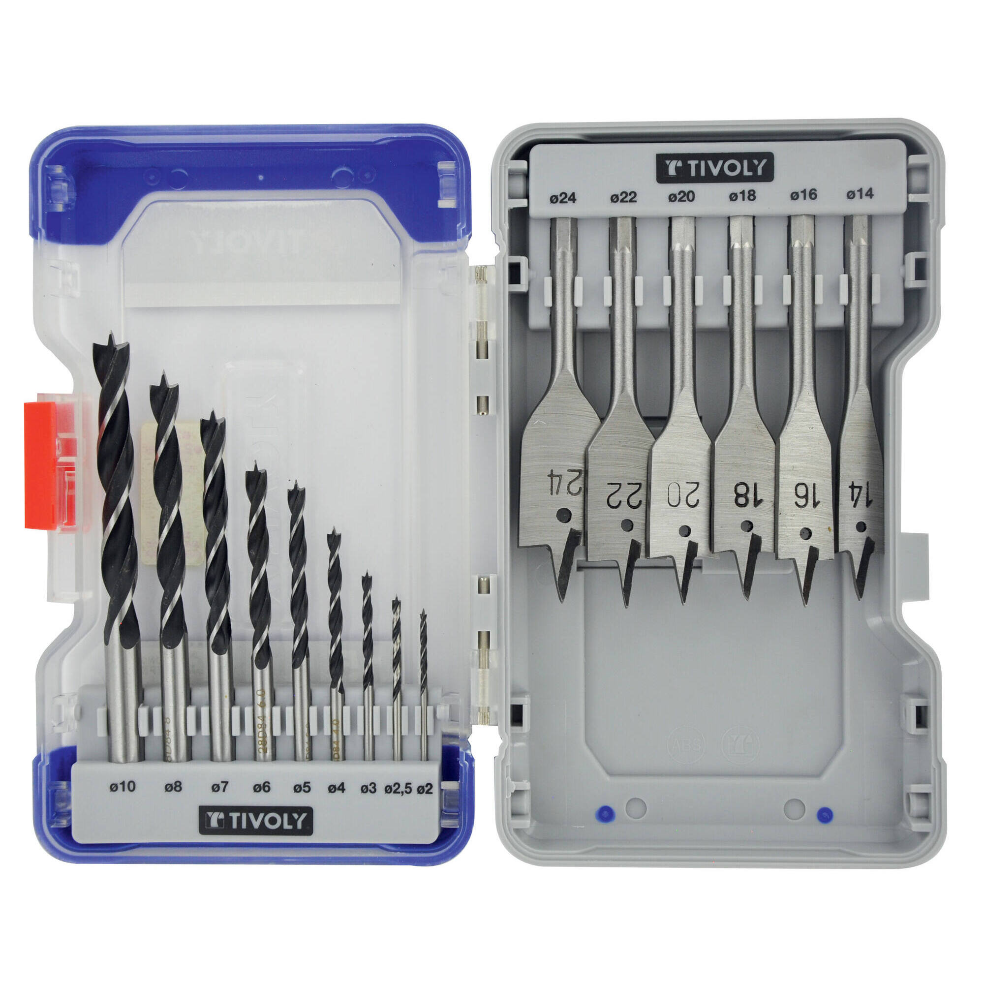 15 piezas -9 brocas de madera 3 puntas Ø 2 a 10 mm + 6 brocas de madera planas Ø 14 a 24 mm