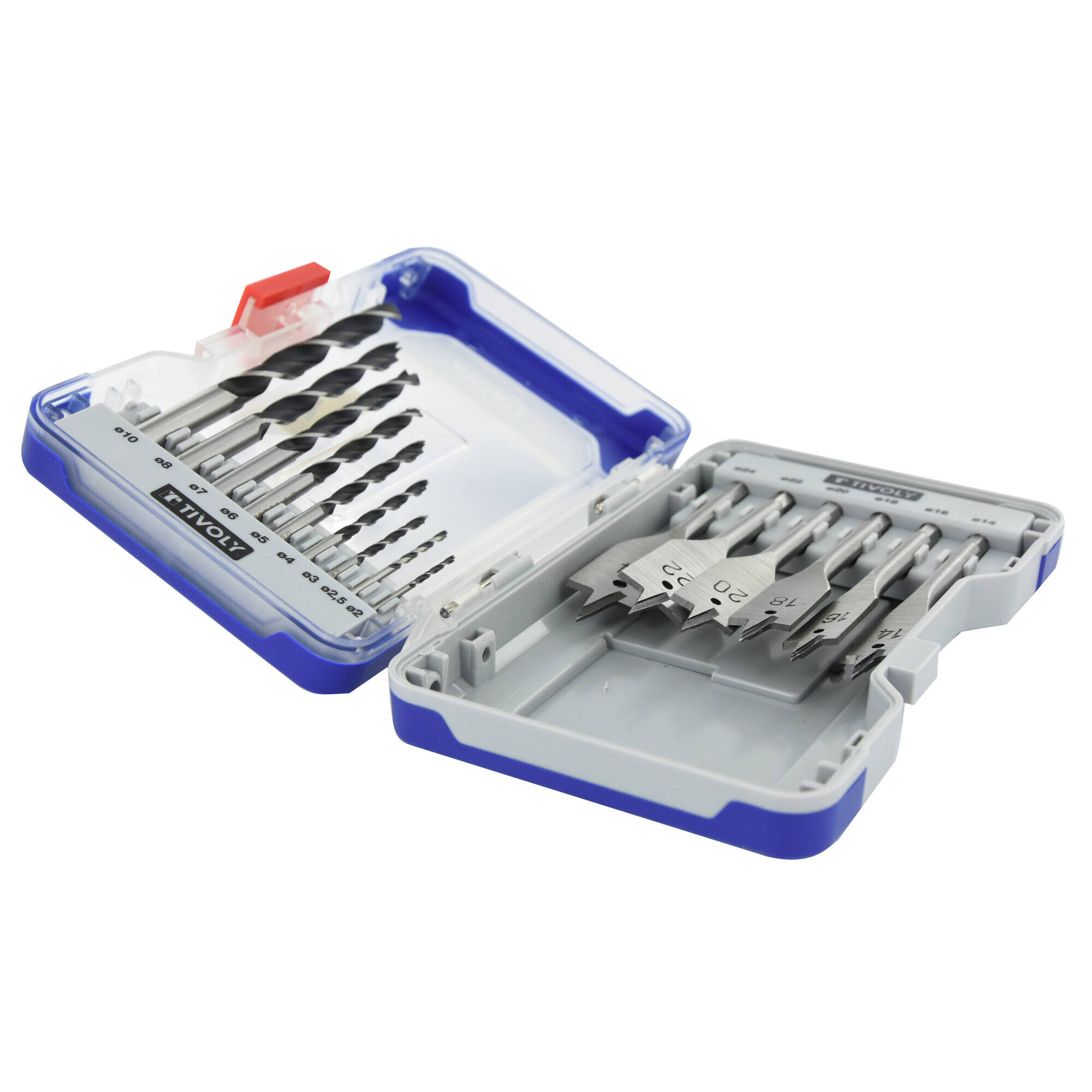 15 piezas -9 brocas de madera HSS speed point Ø 2 a 10 mm + 6 brocas de madera planas Ø 14 a 24 mm