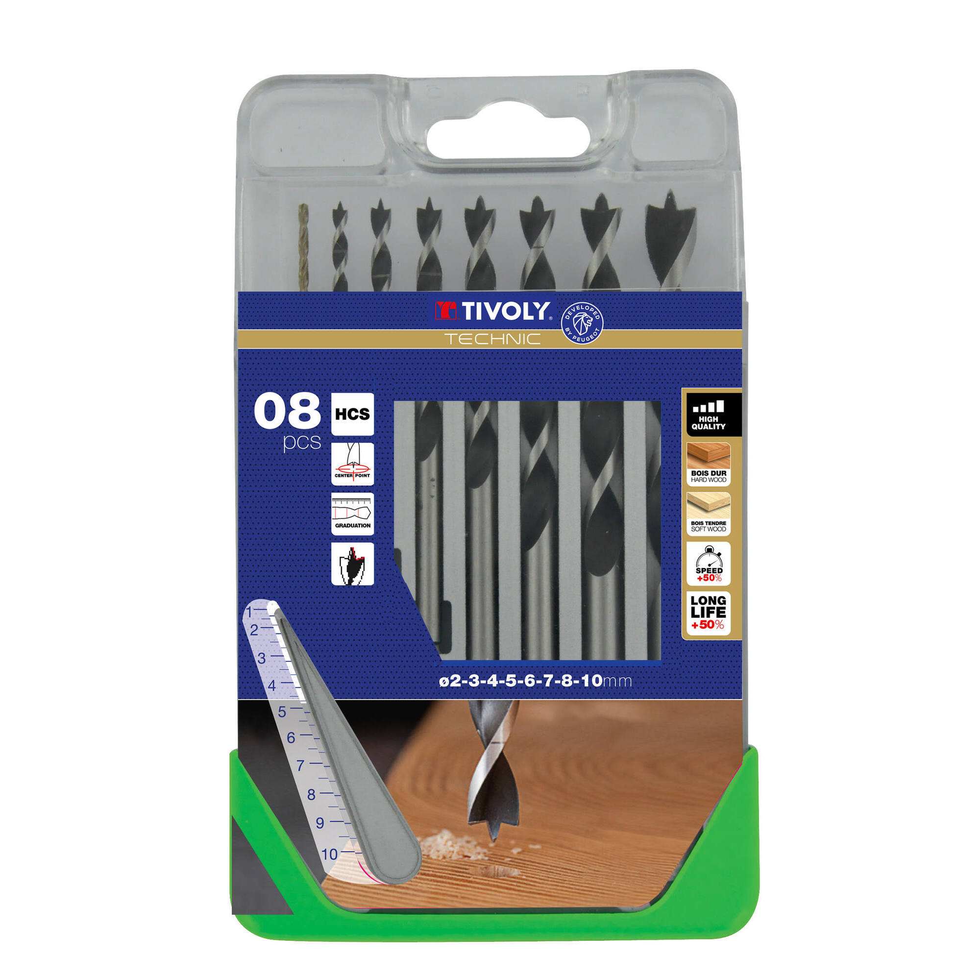 8 brocas para madera 3 puntas graduadas SLR Ø 2 a 10 mm