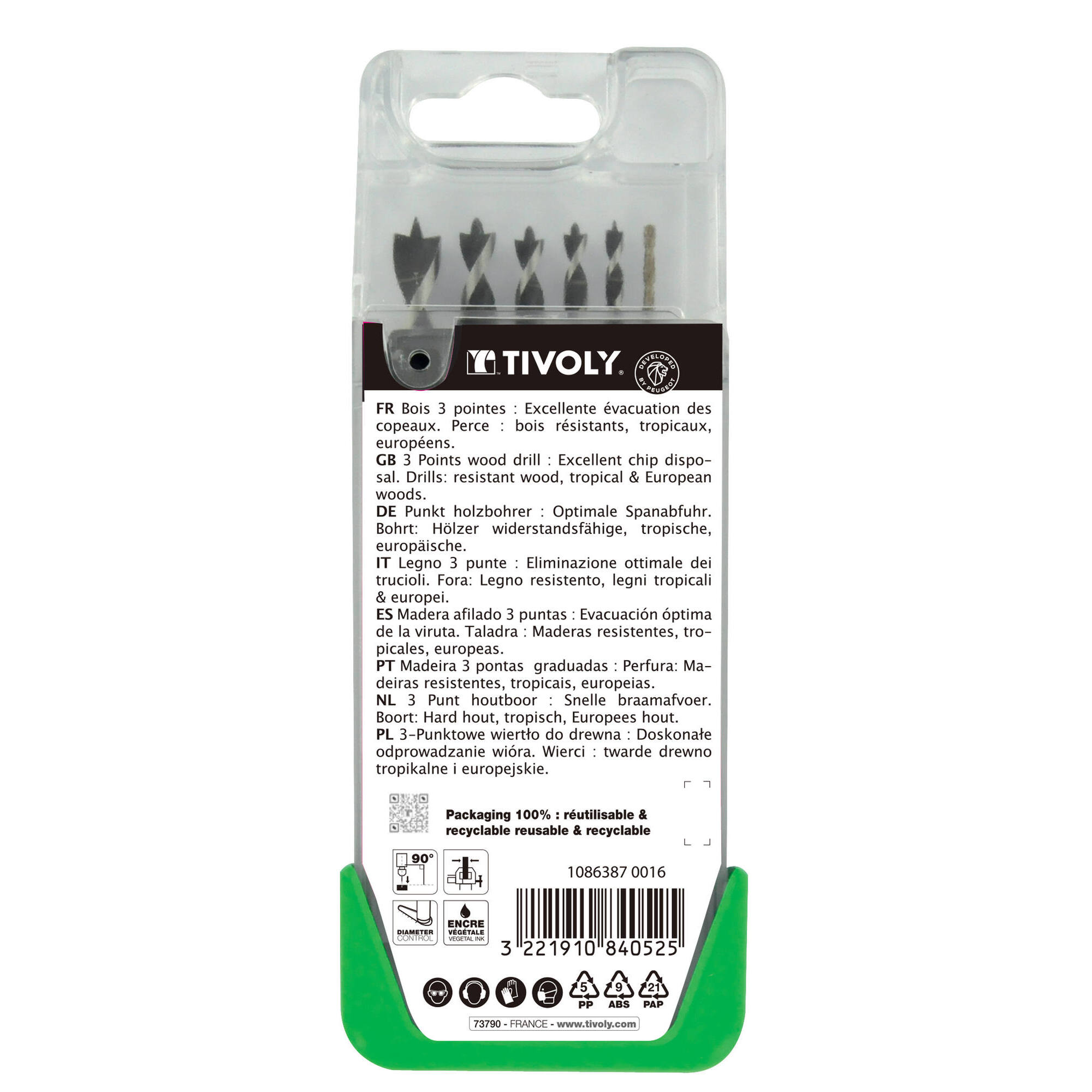 6 brocas para madera 3 puntas graduadas SLR Ø 2 a 8 mm