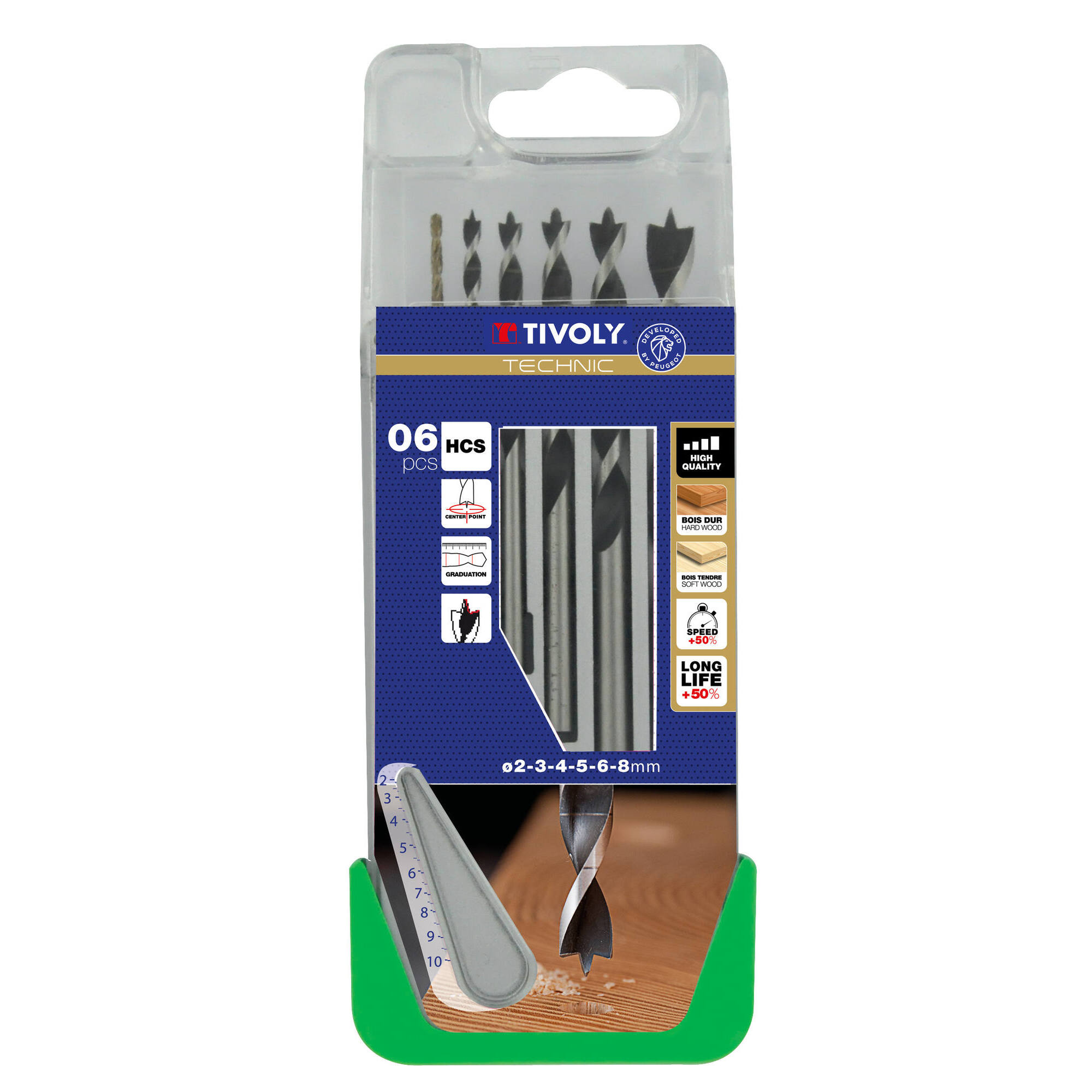 6 brocas para madera 3 puntas graduadas SLR Ø 2 a 8 mm