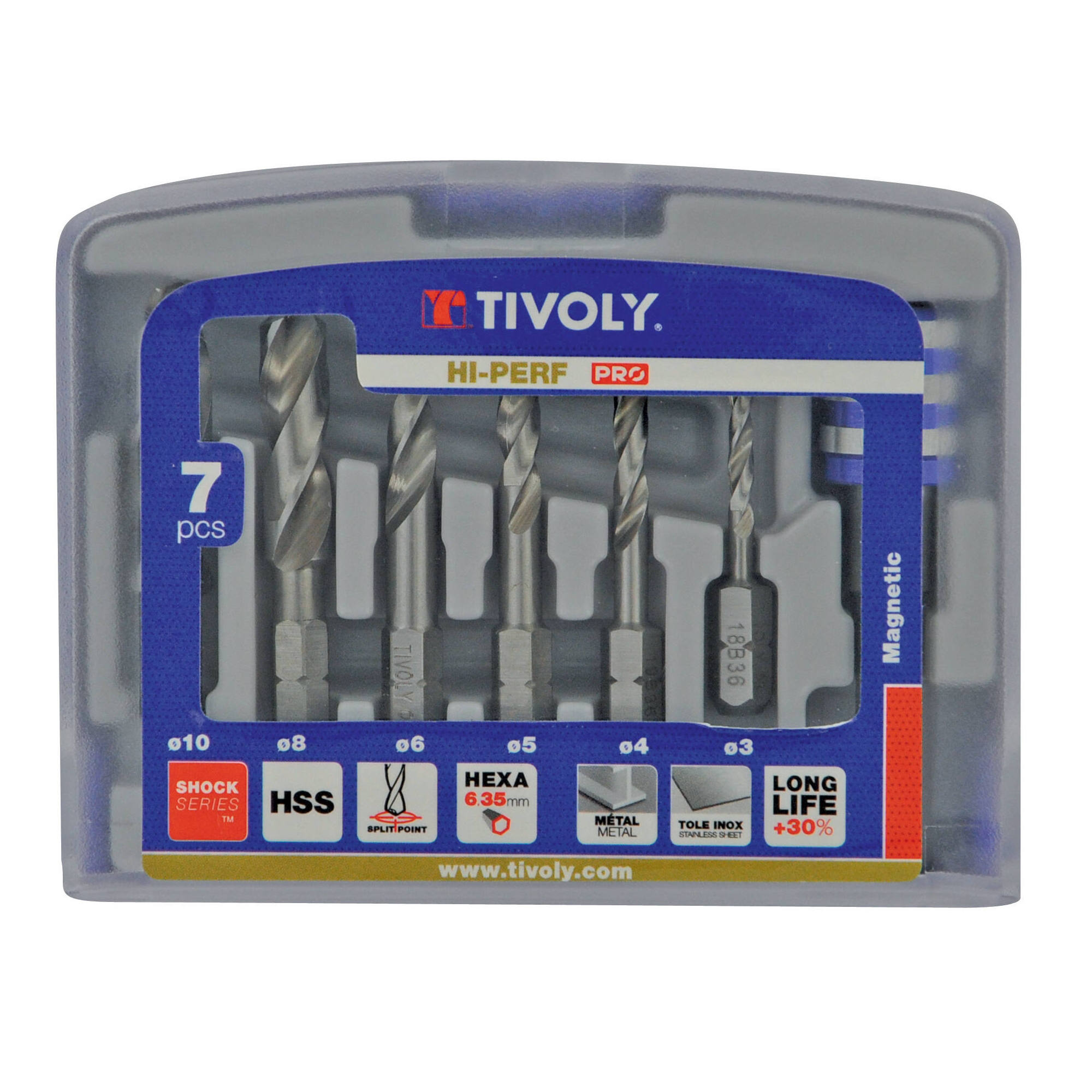 11437070002 - 7 piezas -6 brocas para metal HSS monobloques punta en cruz mango hexagonal 1/4’’ Ø 3 a 10 mm + 1 portapuntas