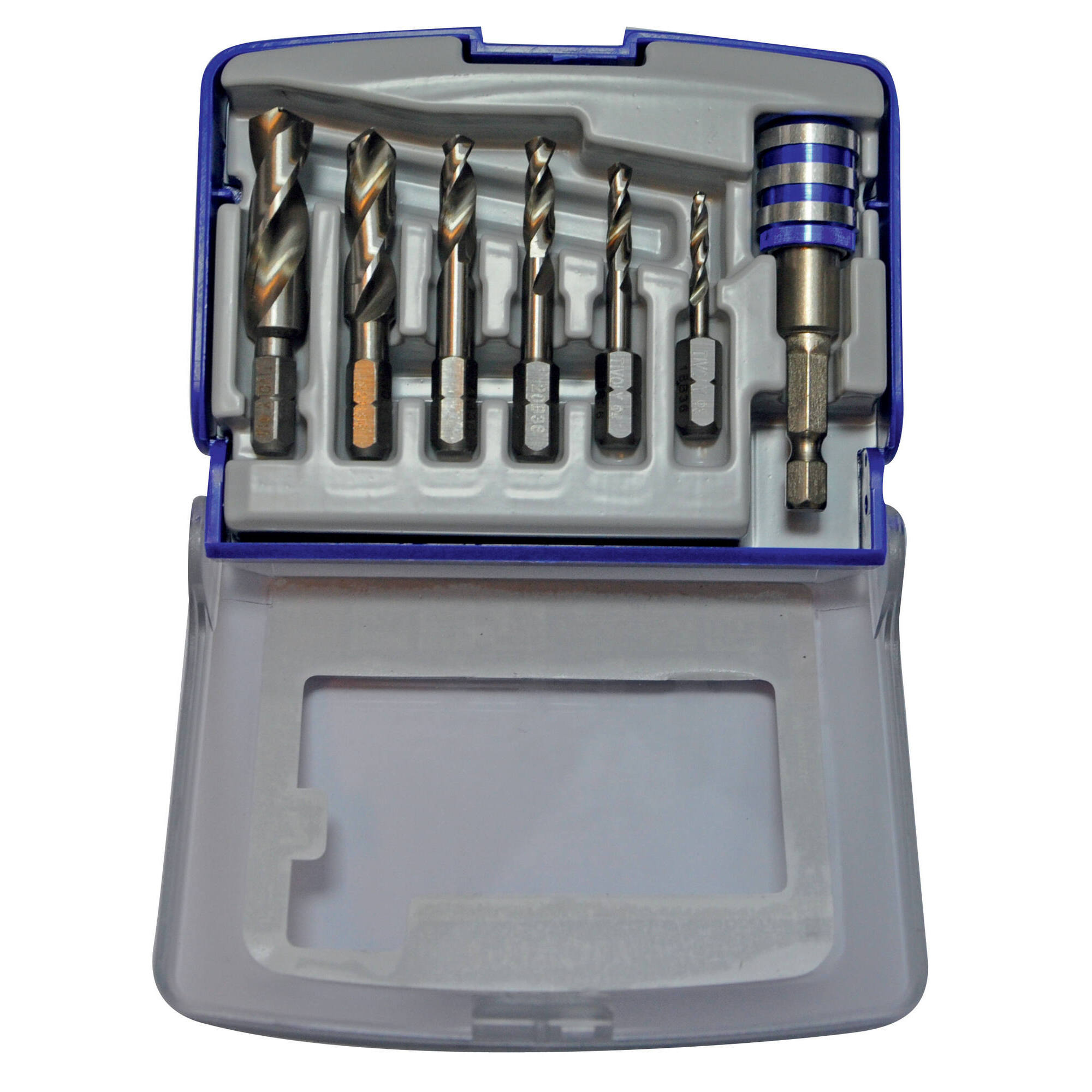 7 piezas -6 brocas para metal HSS monobloques punta en cruz mango hexagonal 1/4’’ Ø 3 a 10 mm + 1 portapuntas