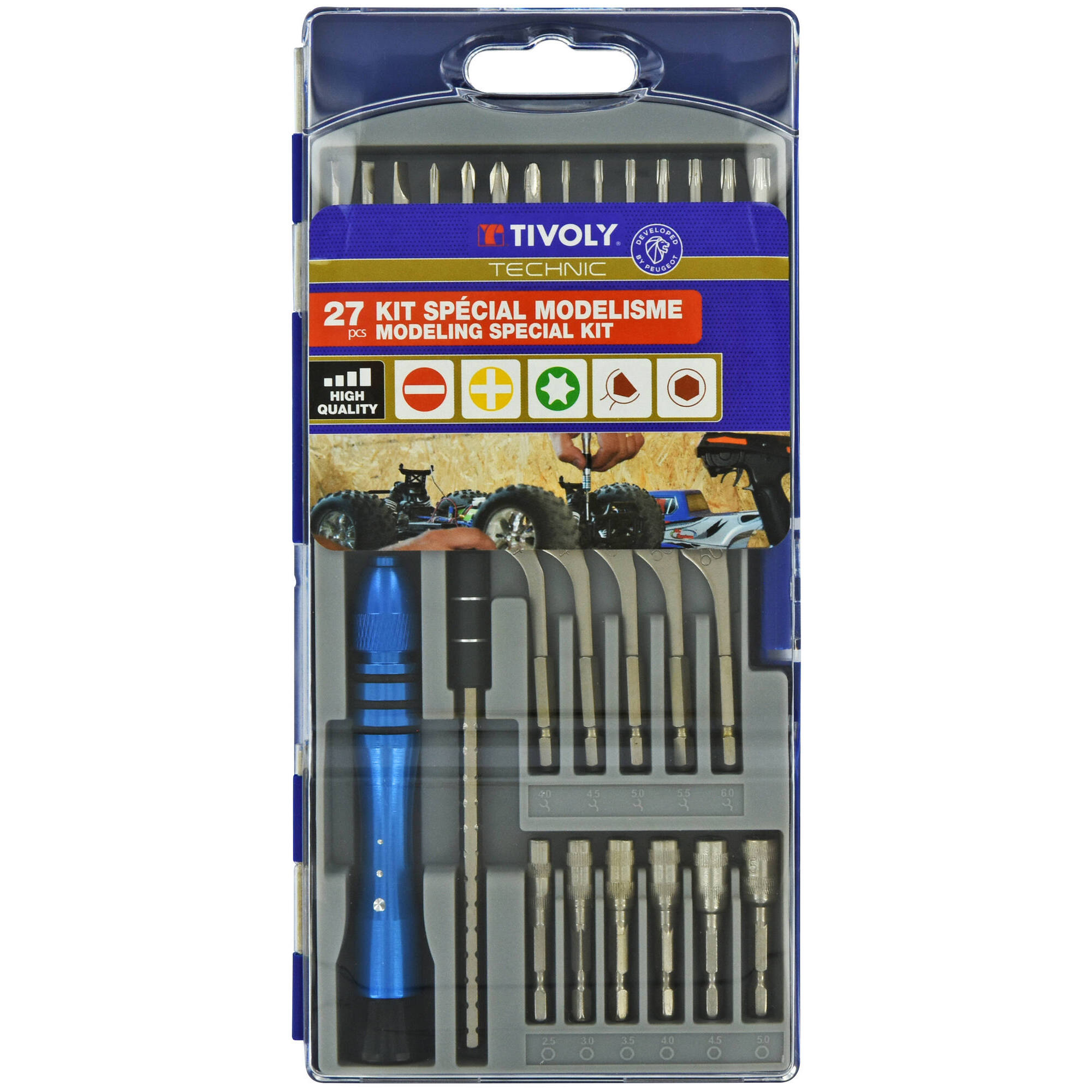 11501570025 - 27 piezas -14 puntas modelismo + 5 llaves + 6 llaves de vaso con punta + 1 extensión + 1 portapuntas -PRECISIÓN