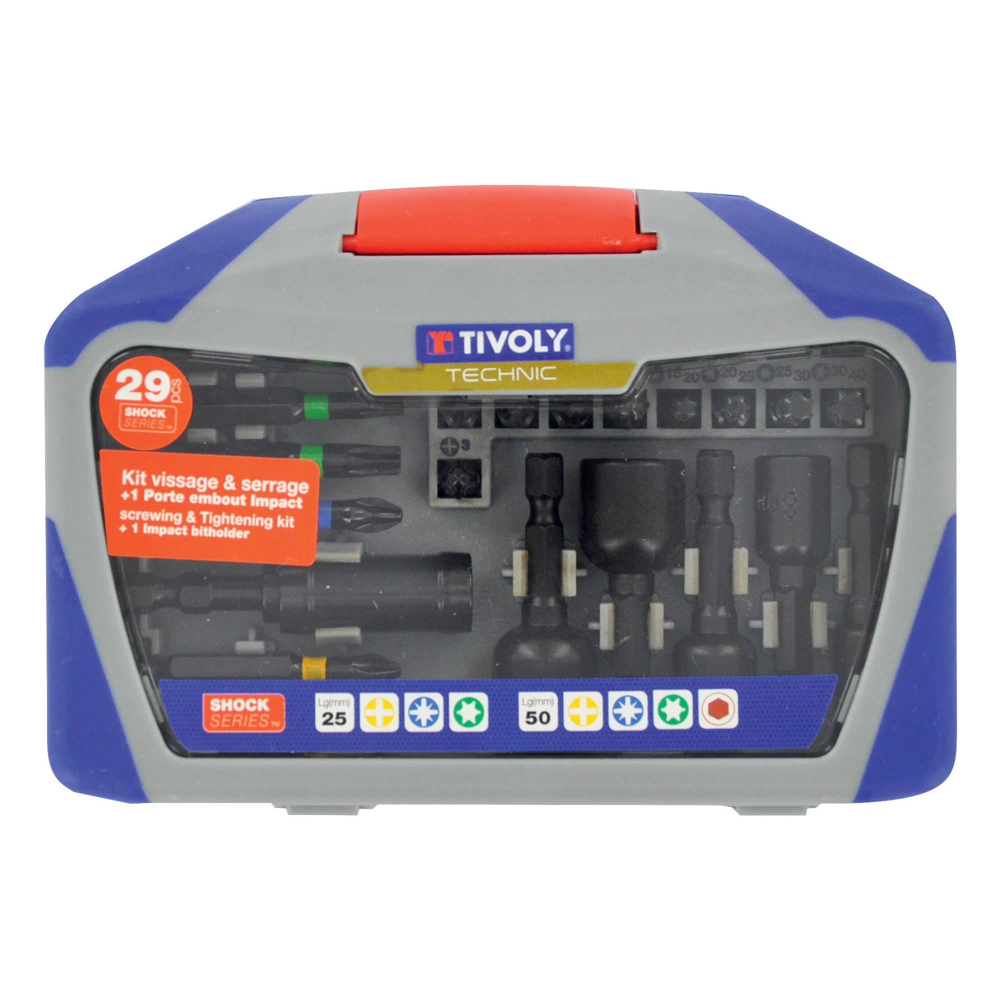 11521572011 - 29 piezas -23 puntas torsión de impacto + 5 llaves de vaso con punta Ø 6 a 13 mm + 1 portapuntas de impacto con un potente imán circular -SHOCK SERIES