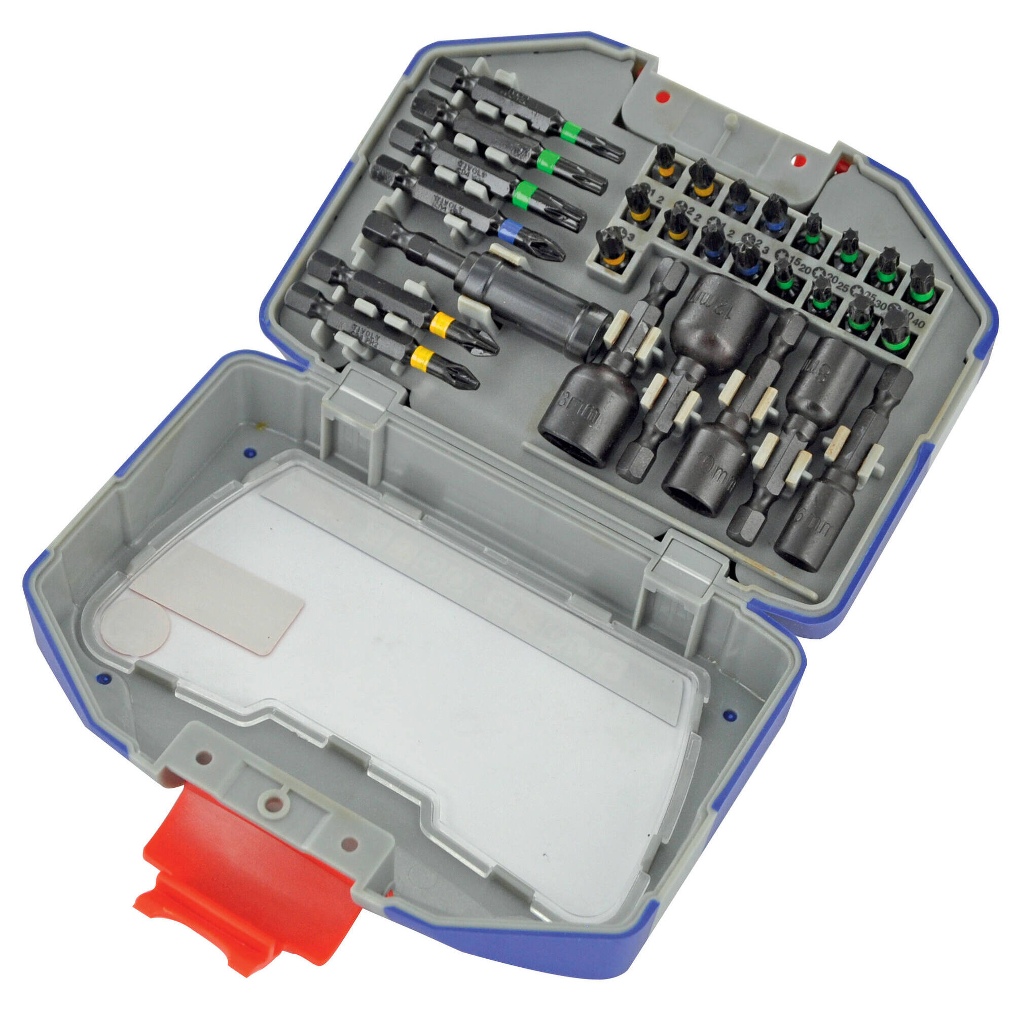 29 piezas -23 puntas torsión de impacto + 5 llaves de vaso con punta Ø 6 a 13 mm + 1 portapuntas de impacto con un potente imán circular -SHOCK SERIES