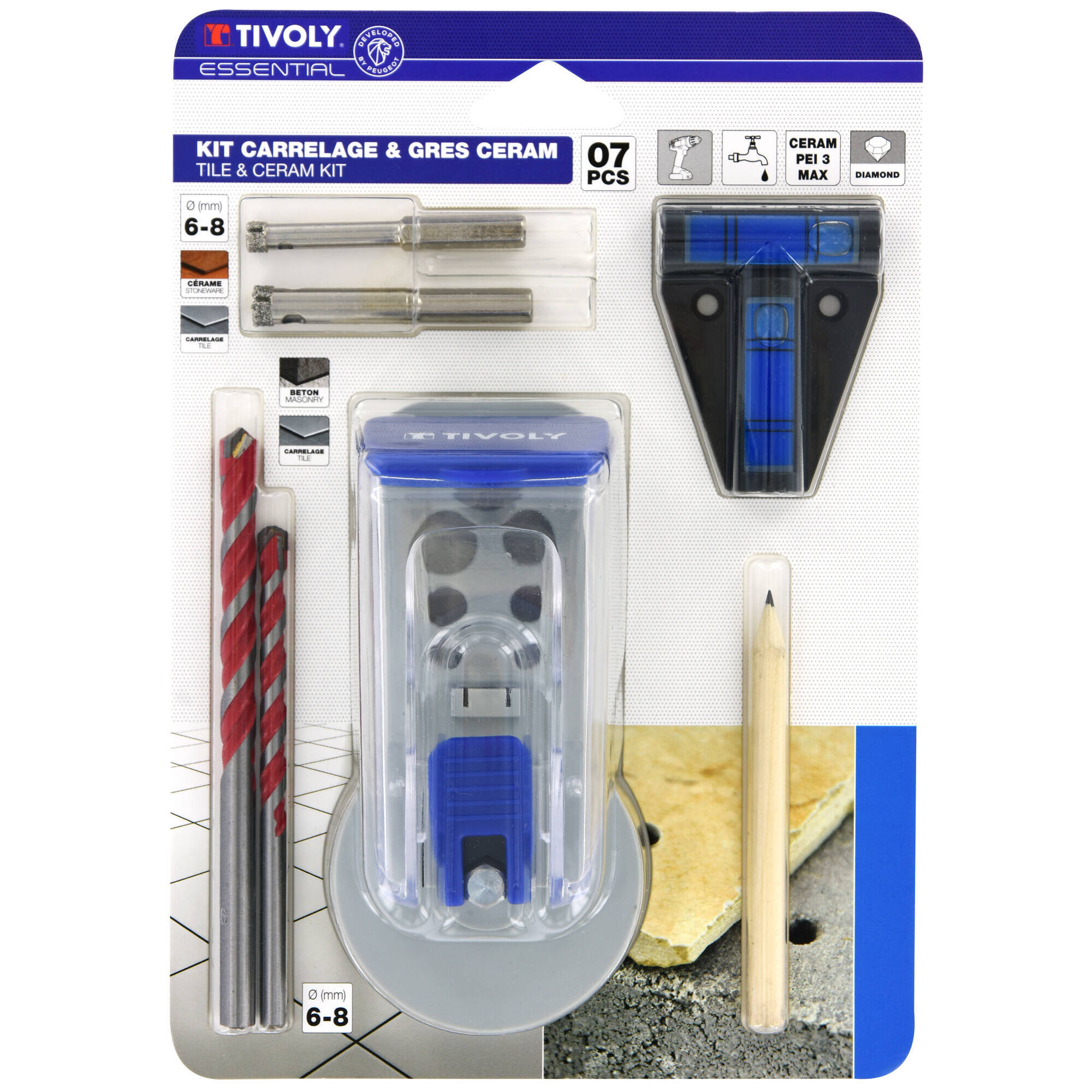 12000820001 - 7 piezas - 4 b. Gres/azulejo/hormigón Ø6-8 mm + 1 guía + 2 accesorios