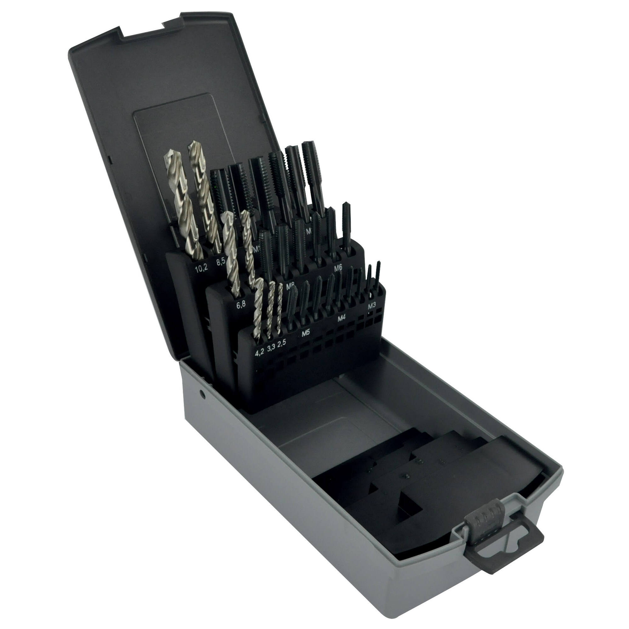 81900170019 - 28 piezas - 7 juegos de 3 machos de roscar HSS Multiaplicaciones DIN352 M3 a M12 + 7 brocas HSS Ø 2,5 a 10,2 mm TECHNIC