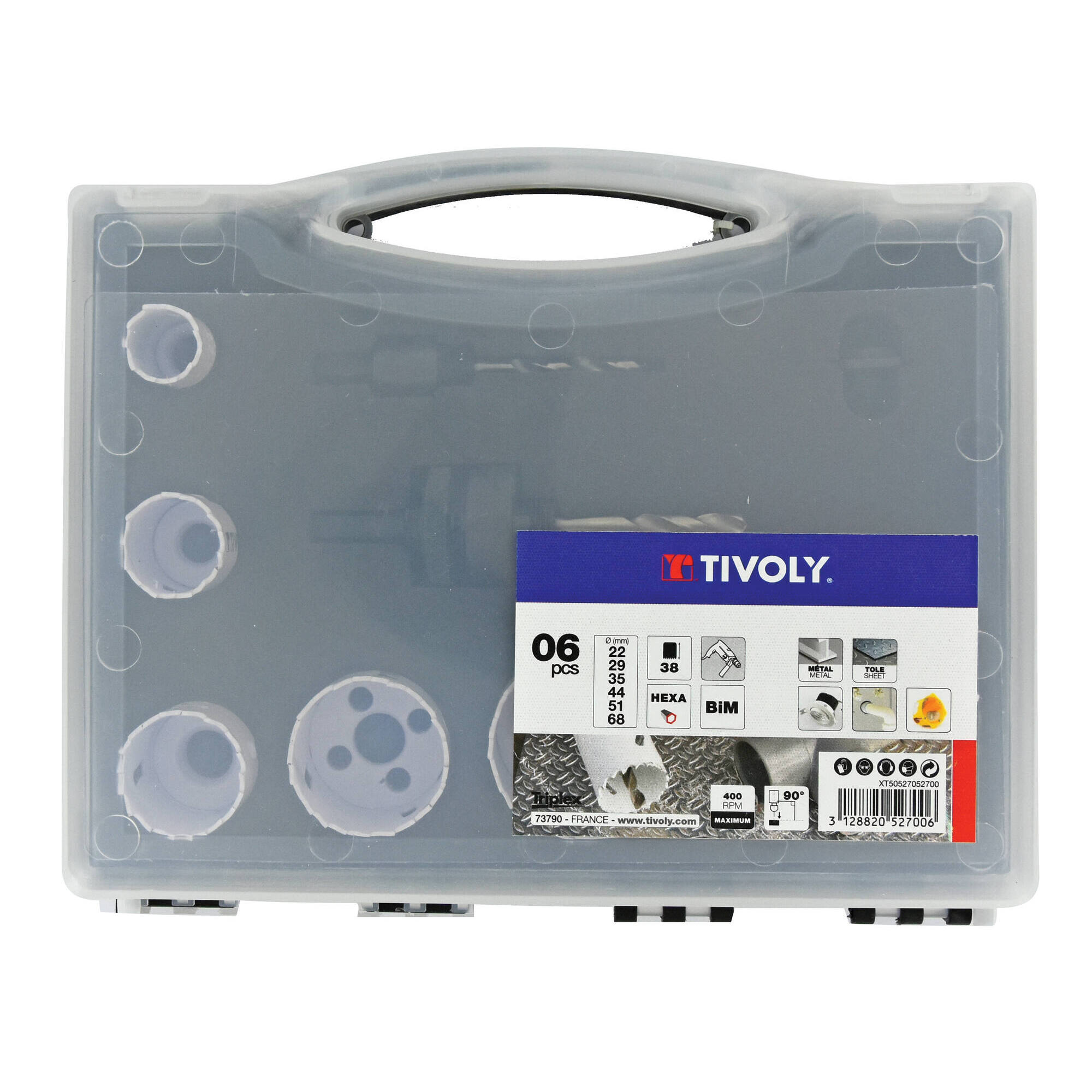 XT50527052700 - Maletín de 9 piezas - 6 sierras corona bimetal HSS Ø 22 a 68 mm + 2 husillos + 1 adaptador