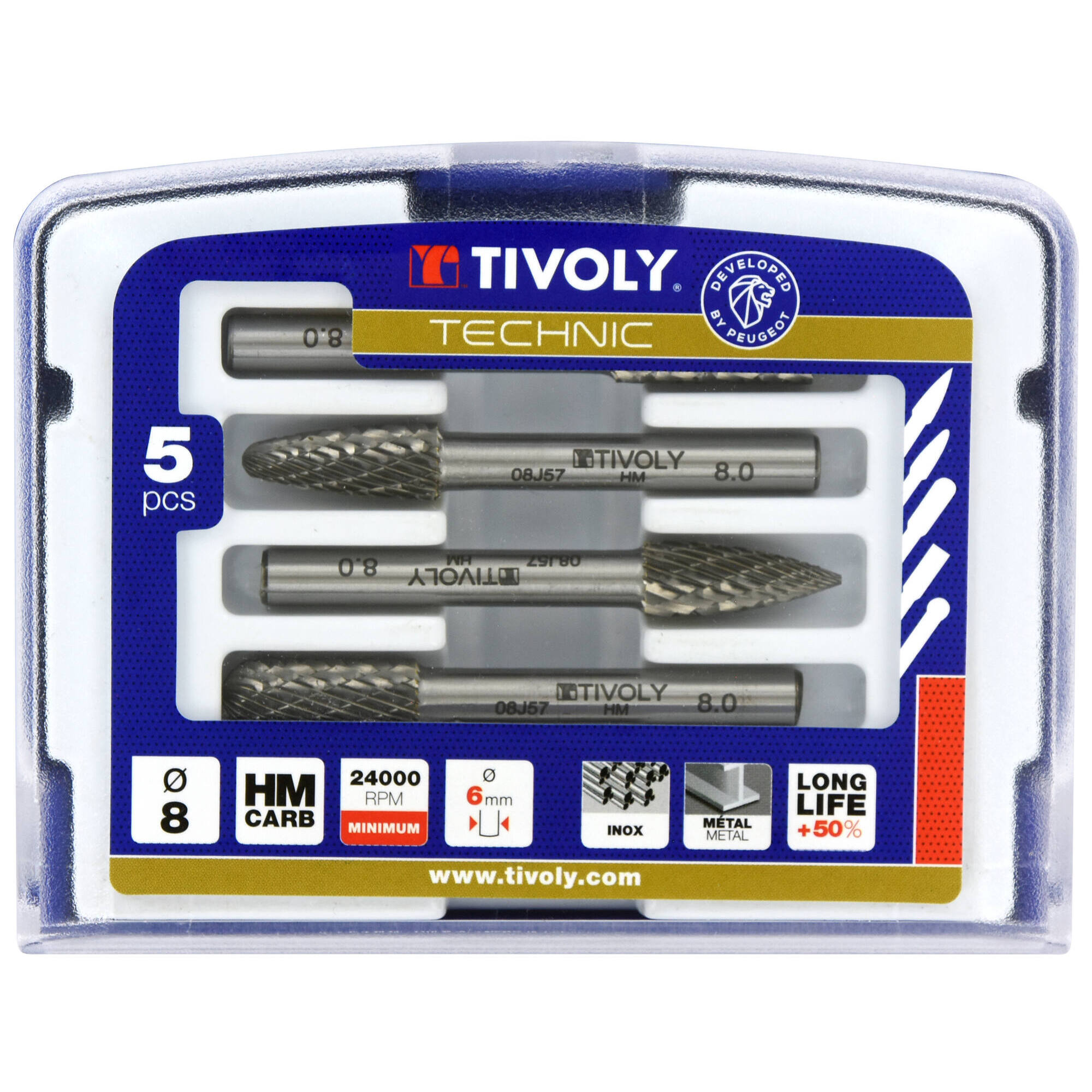 10316070008 - 5 fresas lima rotativas de Metal Duro Ø 8 mm Dentado normal con rompevirutas mango de 6 mm