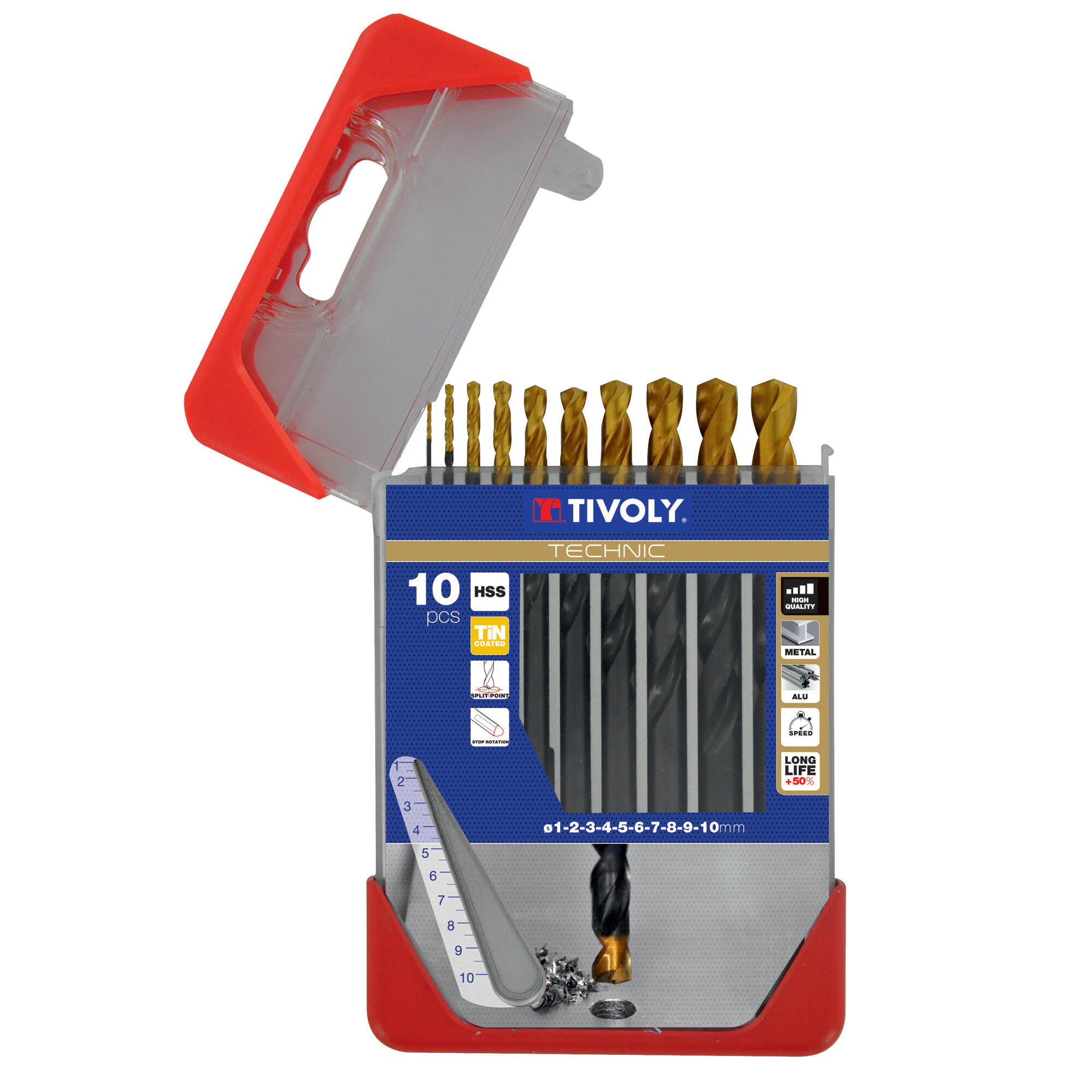 11453170001 - 10 brocas para metal HSS STEAM rectificadas con recubrimiento TiN punta en cruz mango de 3 caras Ø 1 a 10 mm