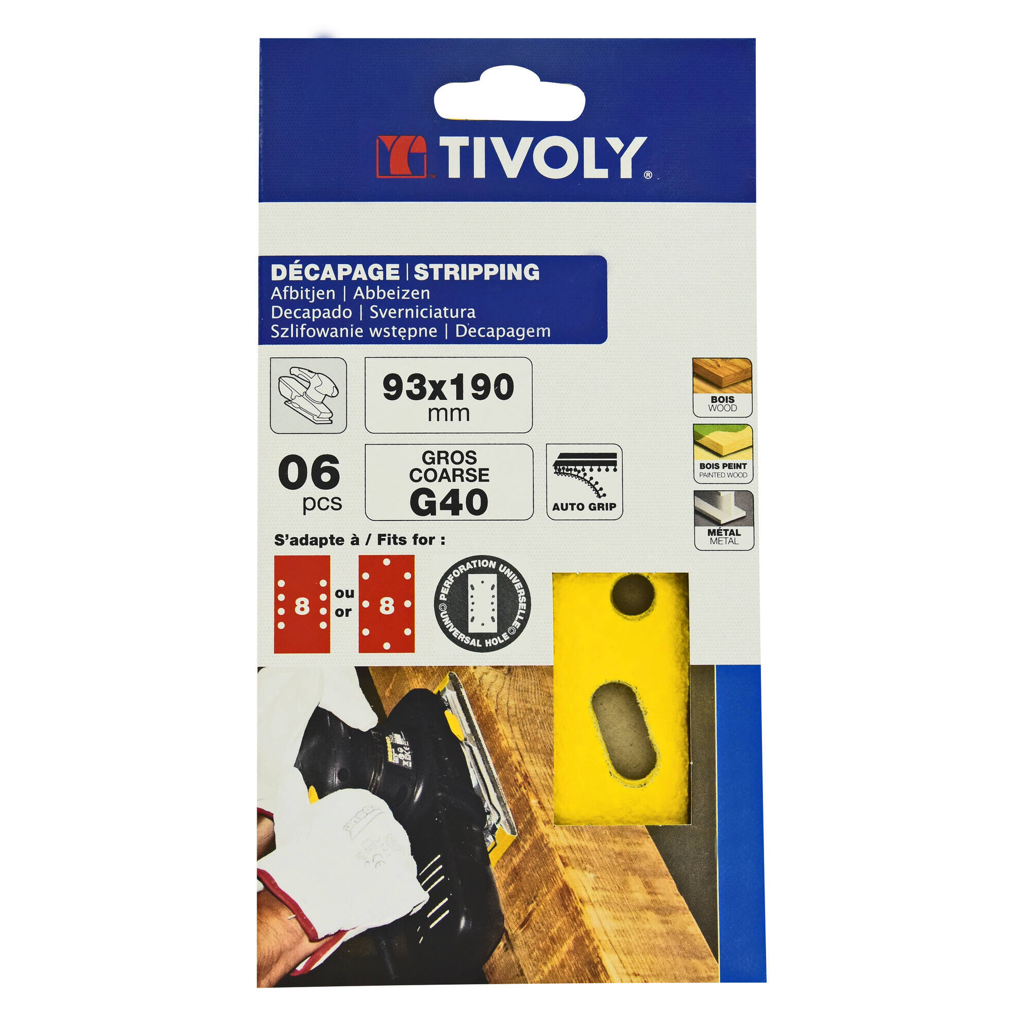 Hoja de lija AUTOADHESIVA -93x190 mm - Para lijadora orbital (Funda cartón) / Dim 93x190 / Gr : 40