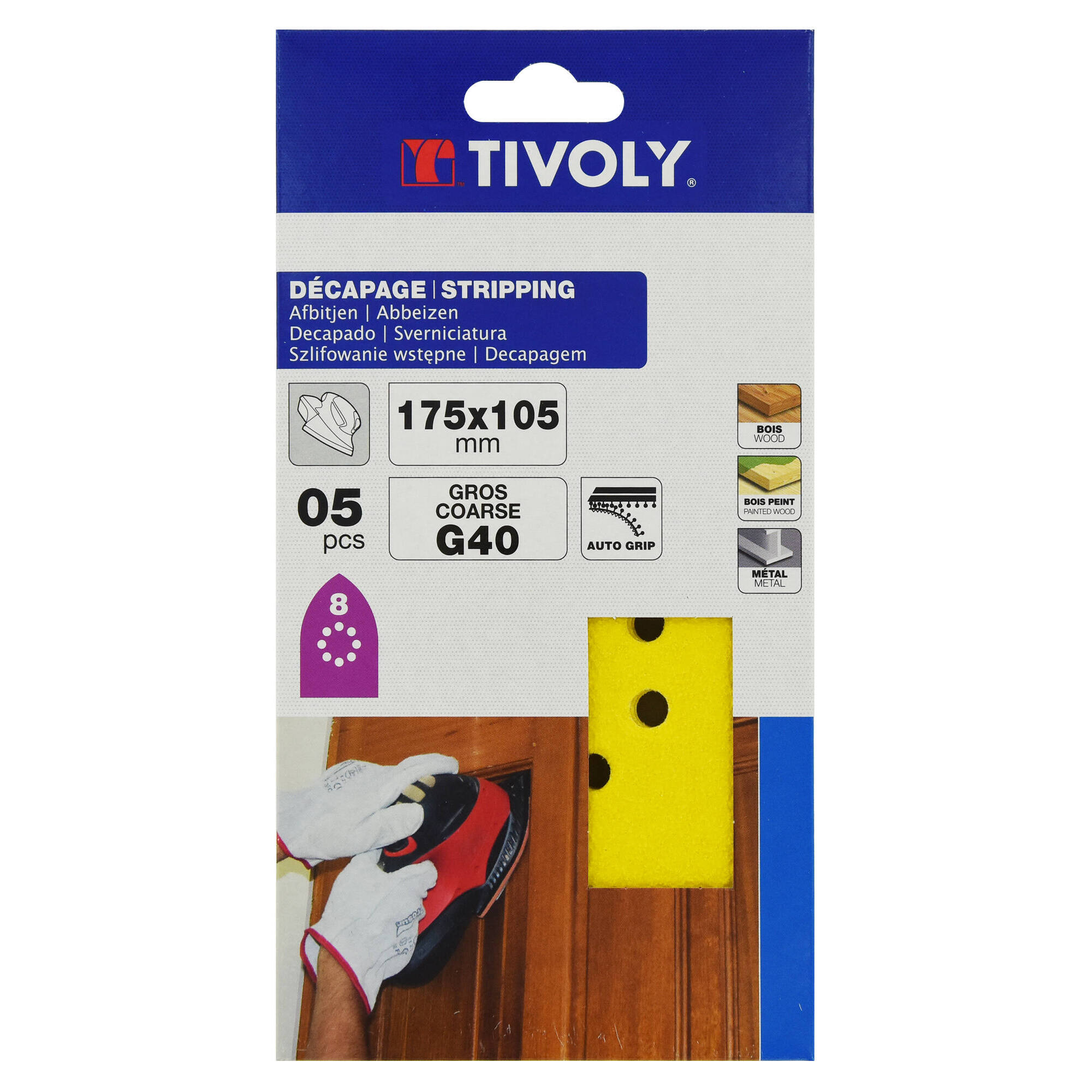 Hoja de lija AUTOADHESIVA -175x105 mm - Para lijadora multifunción (Funda cartón) / Dim 175x105 / Gr : 40