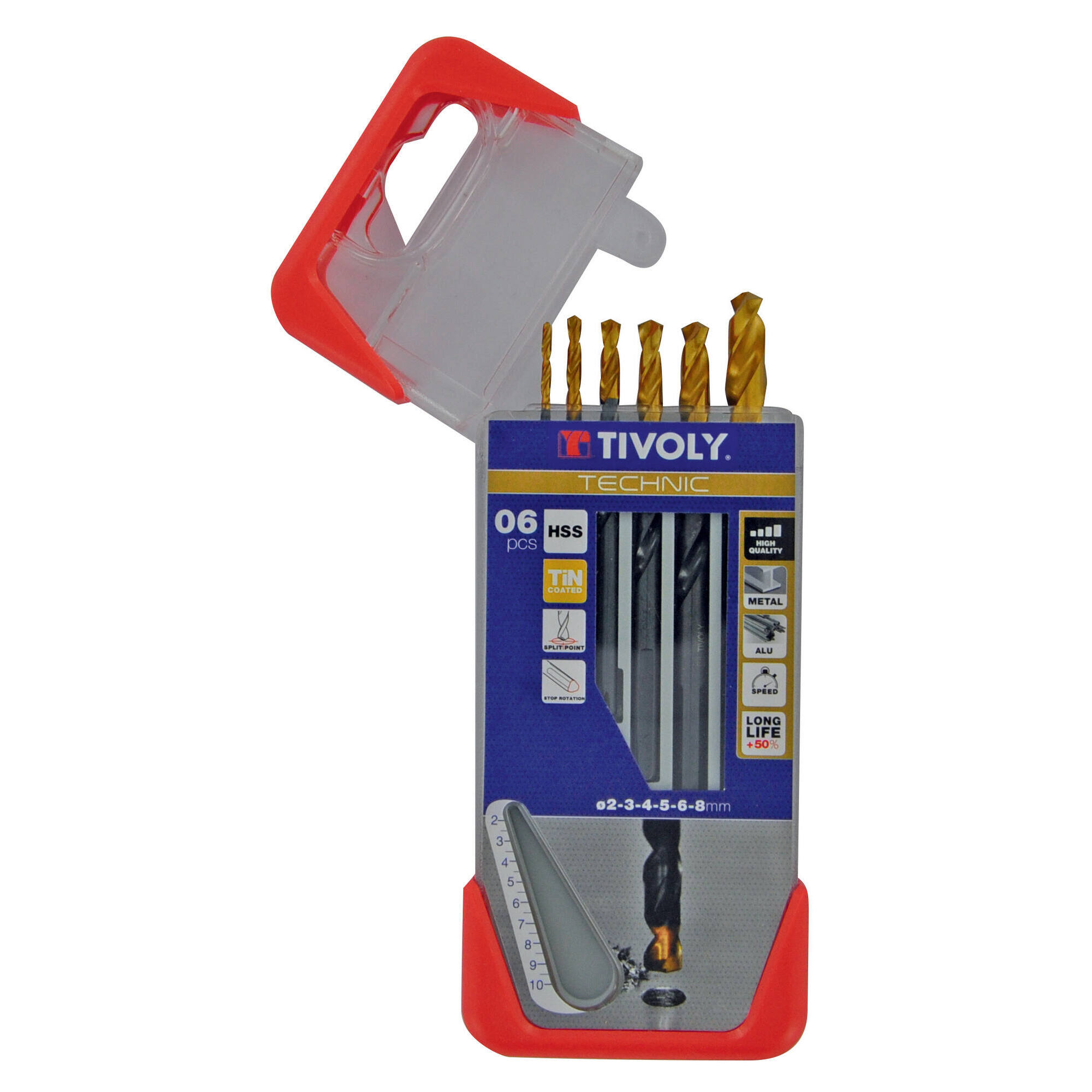 11453170002 - 6 brocas para metal HSS STEAM rectificadas con recubrimiento TiN punta en cruz mango de 3 caras Ø 2 a 8 mm