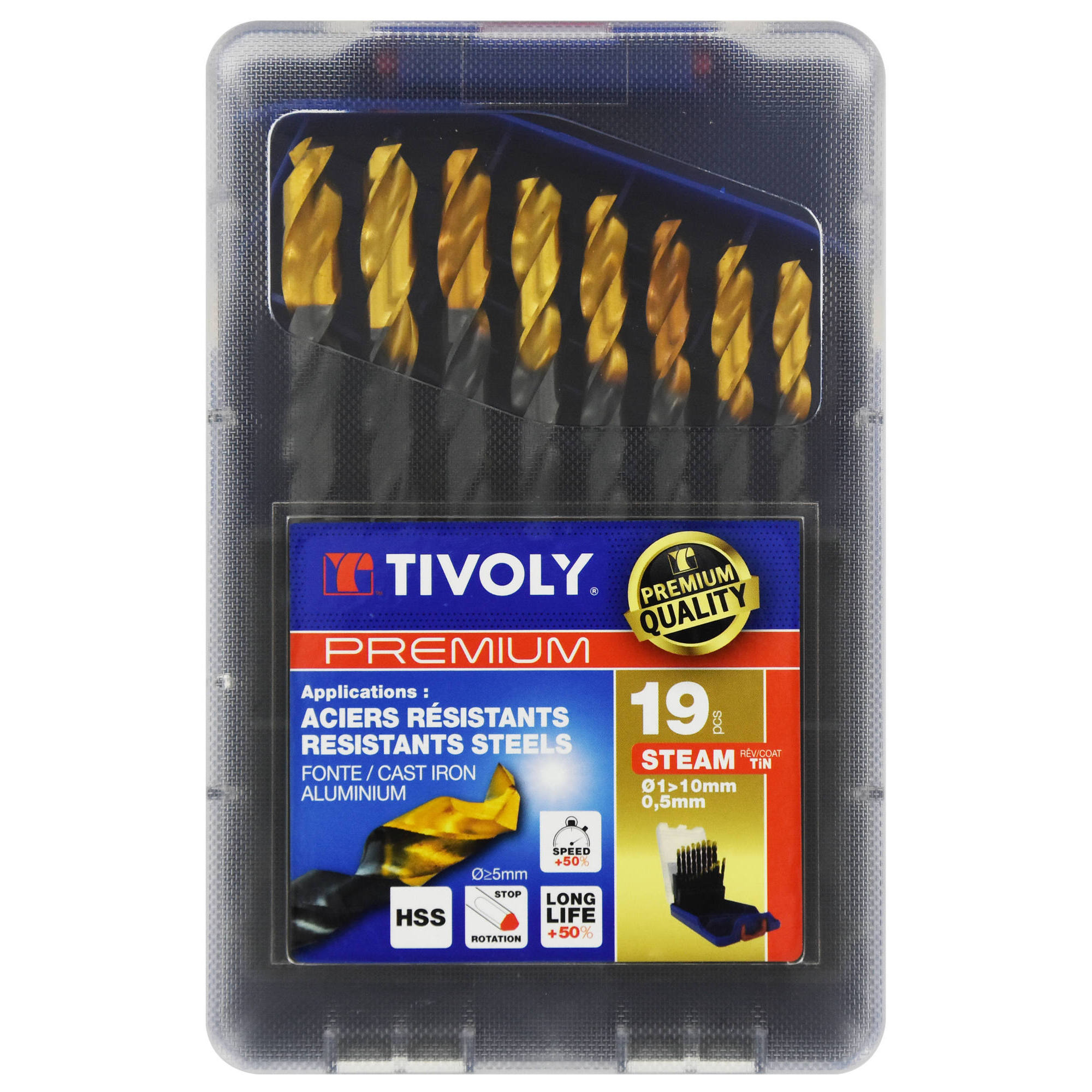 19 brocas para metal HSS STEAM rectificadas con recubrimiento TiN punta en cruz mango de 3 caras Ø 1 a 10 mm