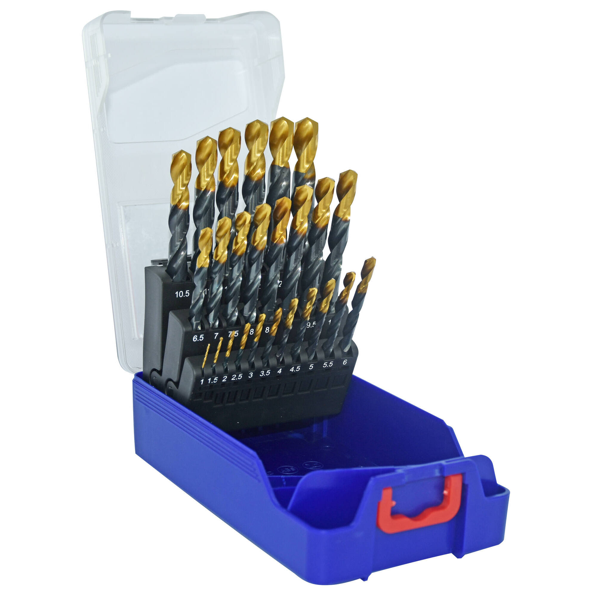 11453170017 - 25 brocas para metal HSS STEAM rectificadas con recubrimiento TiN punta en cruz mango de 3 caras Ø 1 a 13 mm